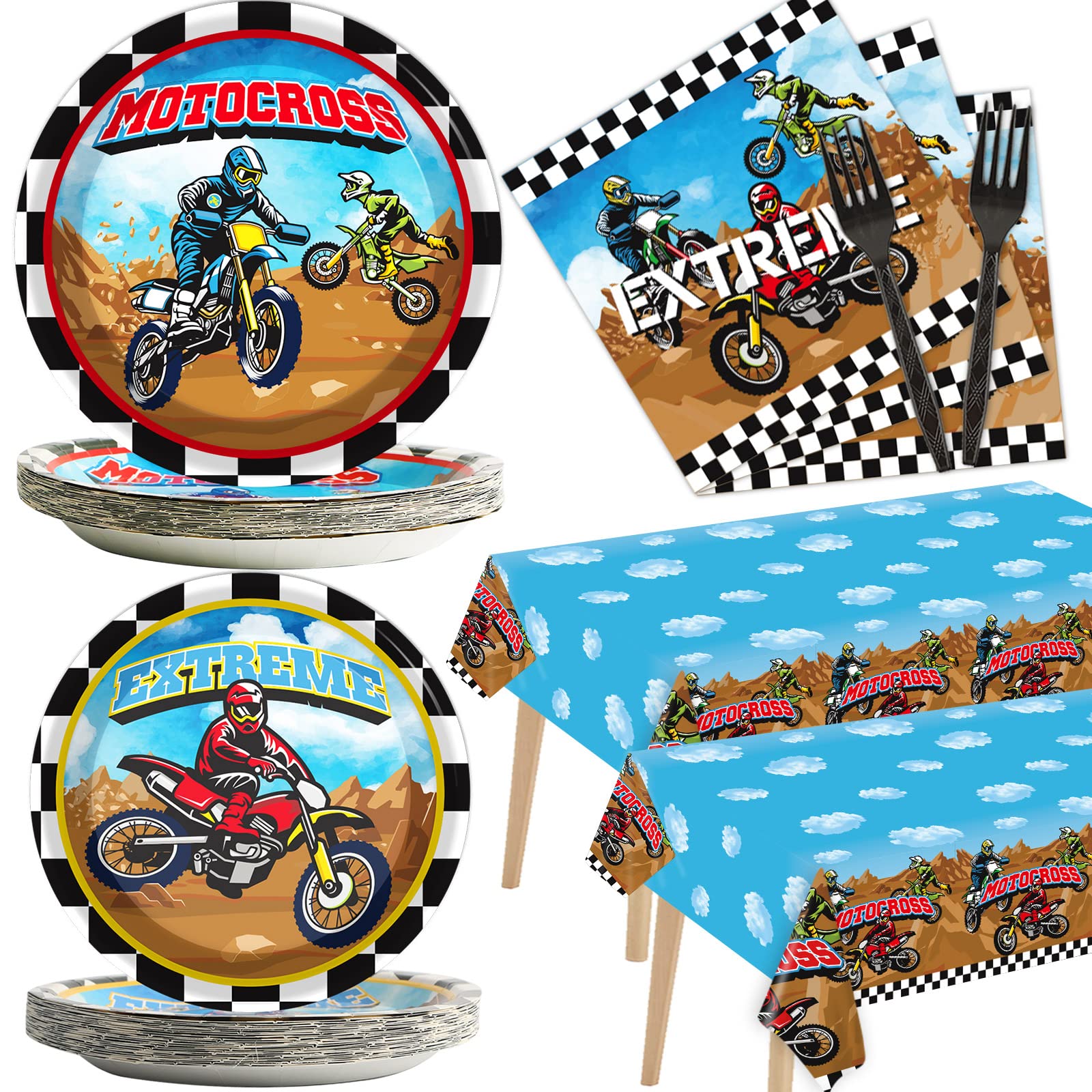 Gisgfim 98Pcs Dirt Bike Birthday Party Supplies Disposable Plates Napkins Tablecloths Decorations Motorcycle Theme Party Table S