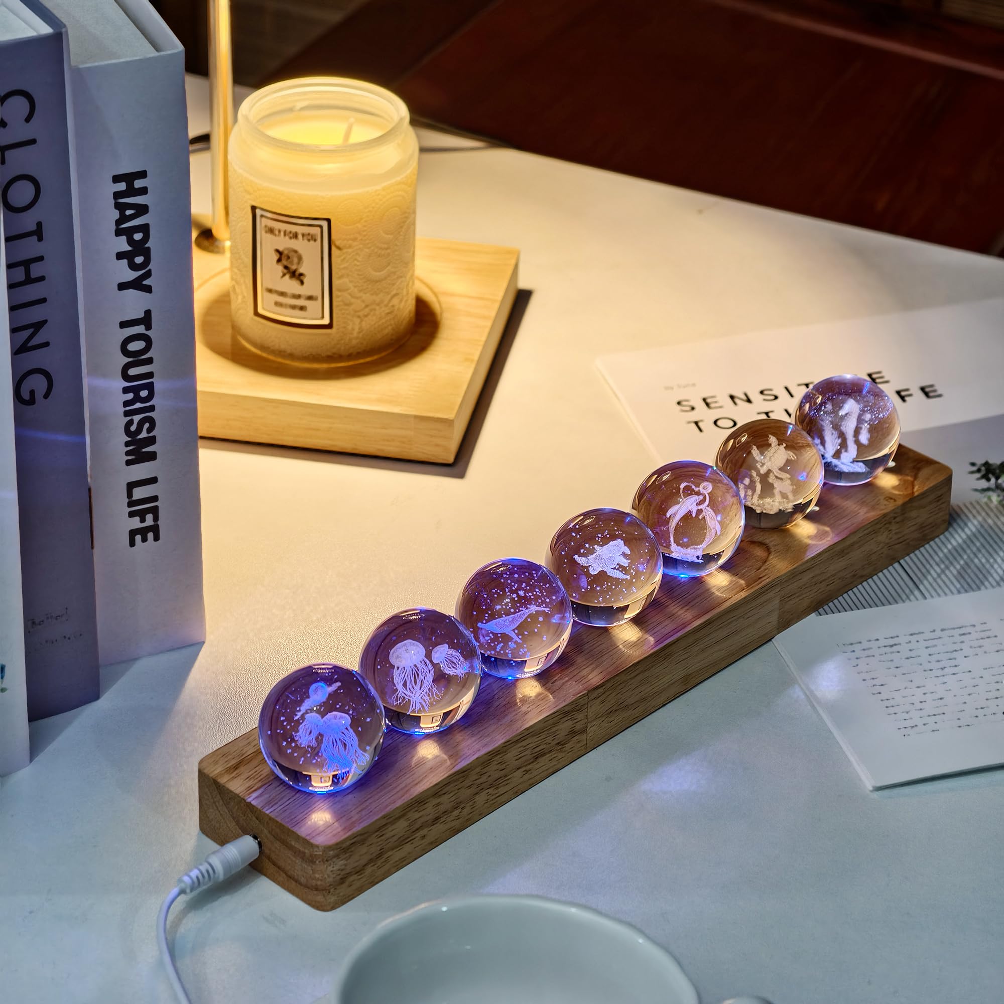 vskikris 3D Crystal Laser Ocean Light Up Decorative Balls with LED Wooden Base - 7 Glass Laser Balls, Night Light Decoration for