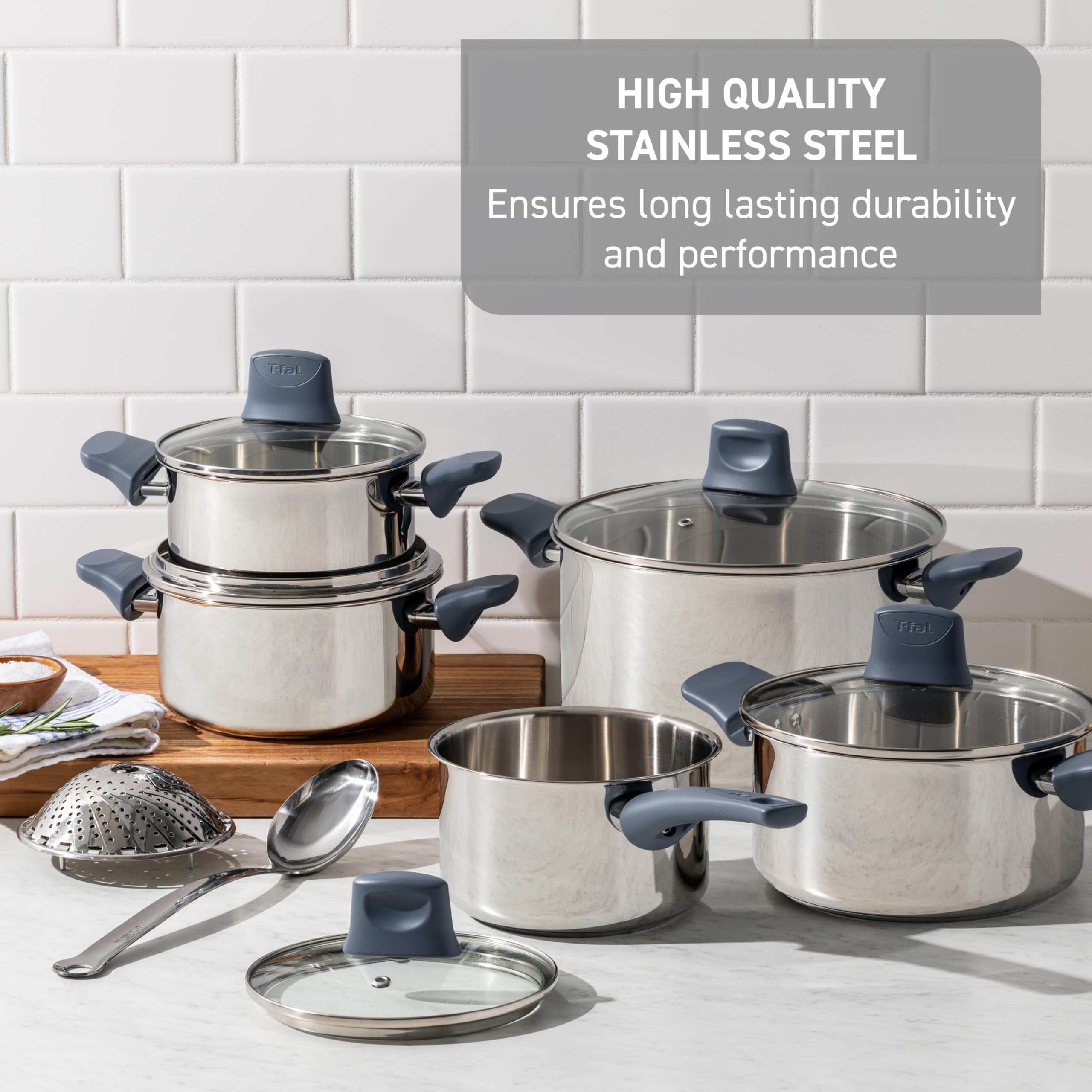 T-fal Essentials Stainless Steel Fry Pan Set 2 Piece, 8'' and 10.5'', Induction Compatible Oven Safe 350F, Pots and Pans Set, Co