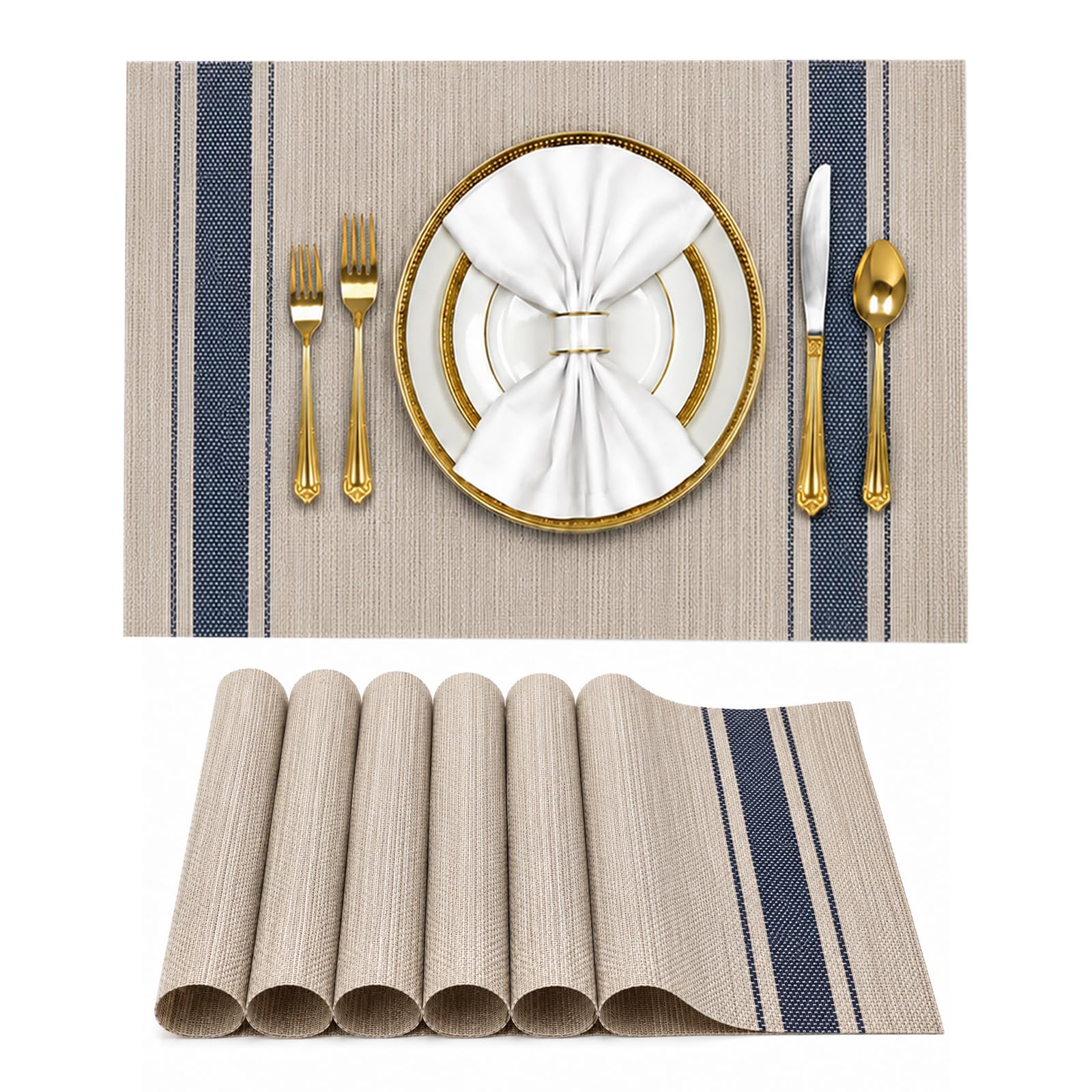 Solitude Set of 6 Dining Table Placemats | NonSlip PVC Table Mats, Heat Resistant, Washable, StainResistant Surface, (Beige & 