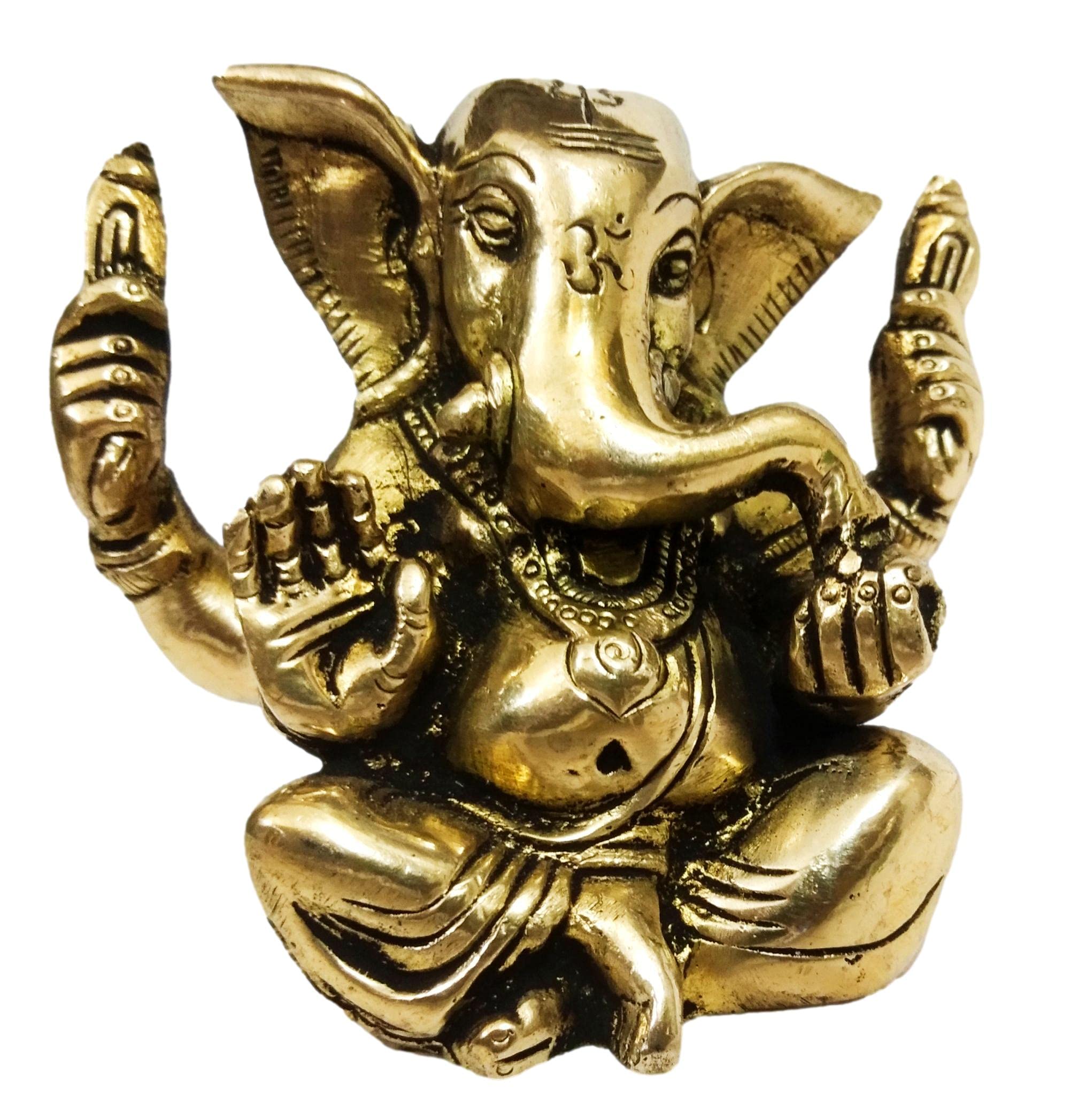 Athizay Ganesha Idol Brass Vamamukhi Ganesh Antique Gold Finish || 8 Cm || 600 Gms || Ganpati Murti Moorti Statues