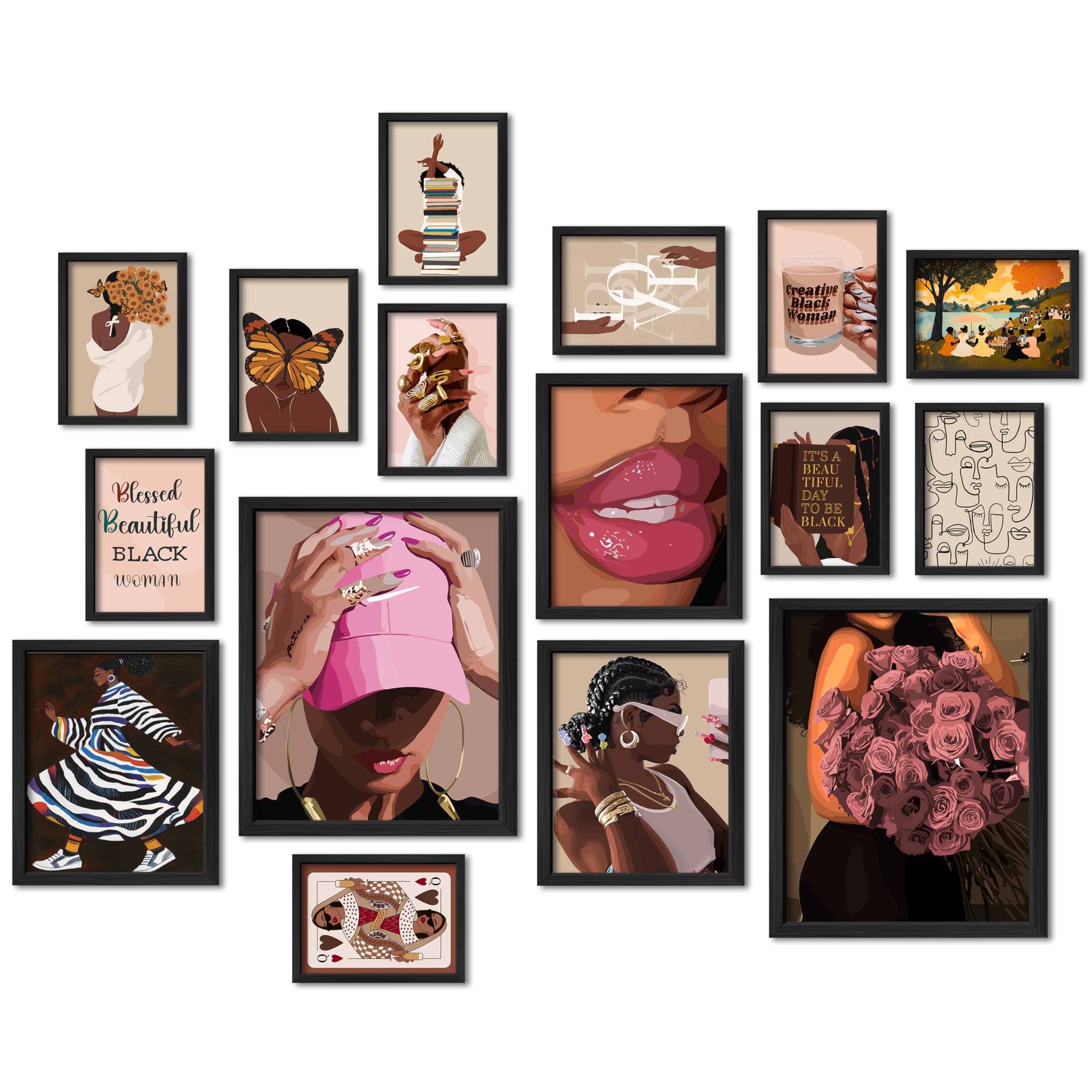 Anerza 16 Pcs Framed Black Girl Wall Art Decor, African American Wall Prints For Bedroom, Black Woman Gallery Wall Frame Set, Bl