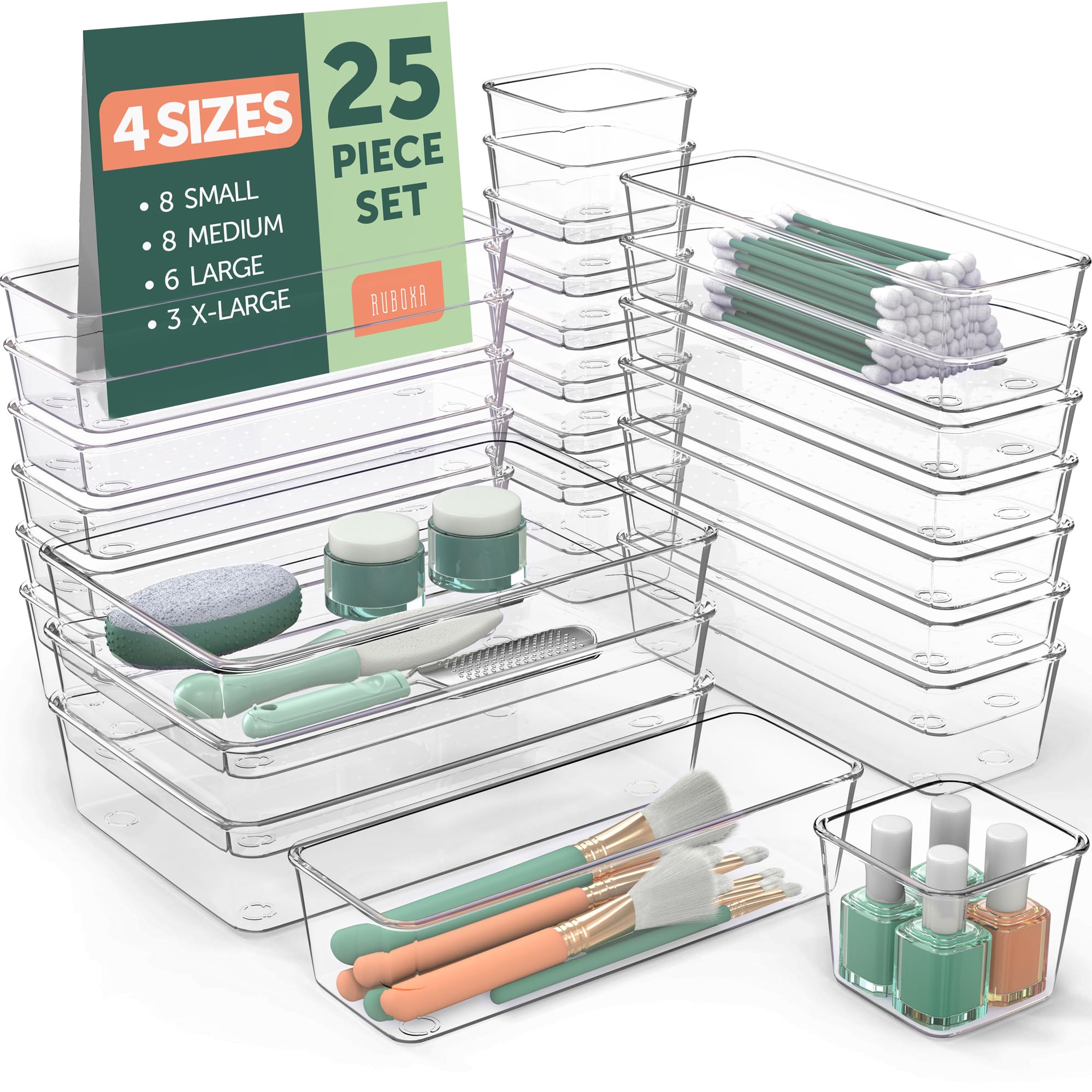 Ruboxa Clear Drawer Organizer, [25 PCS] Plastic Organizers for Home Organization and Storage, Including 4 Sizes Small Bins, Non-