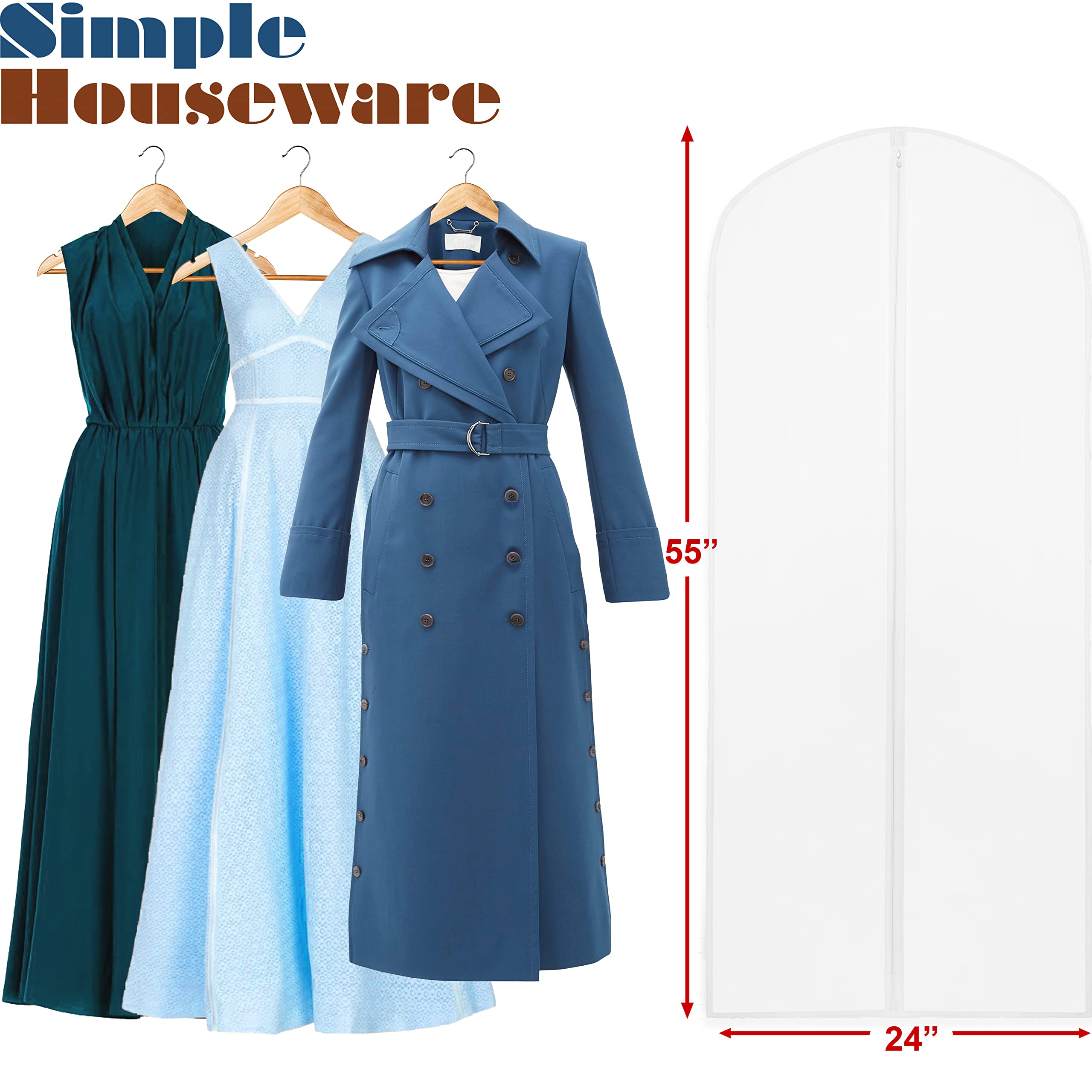 Simple Houseware 55-Inch Translucent Garment Bags With Zipper For Suits, Dresses, Costumes, Uniforms - 10 Pack