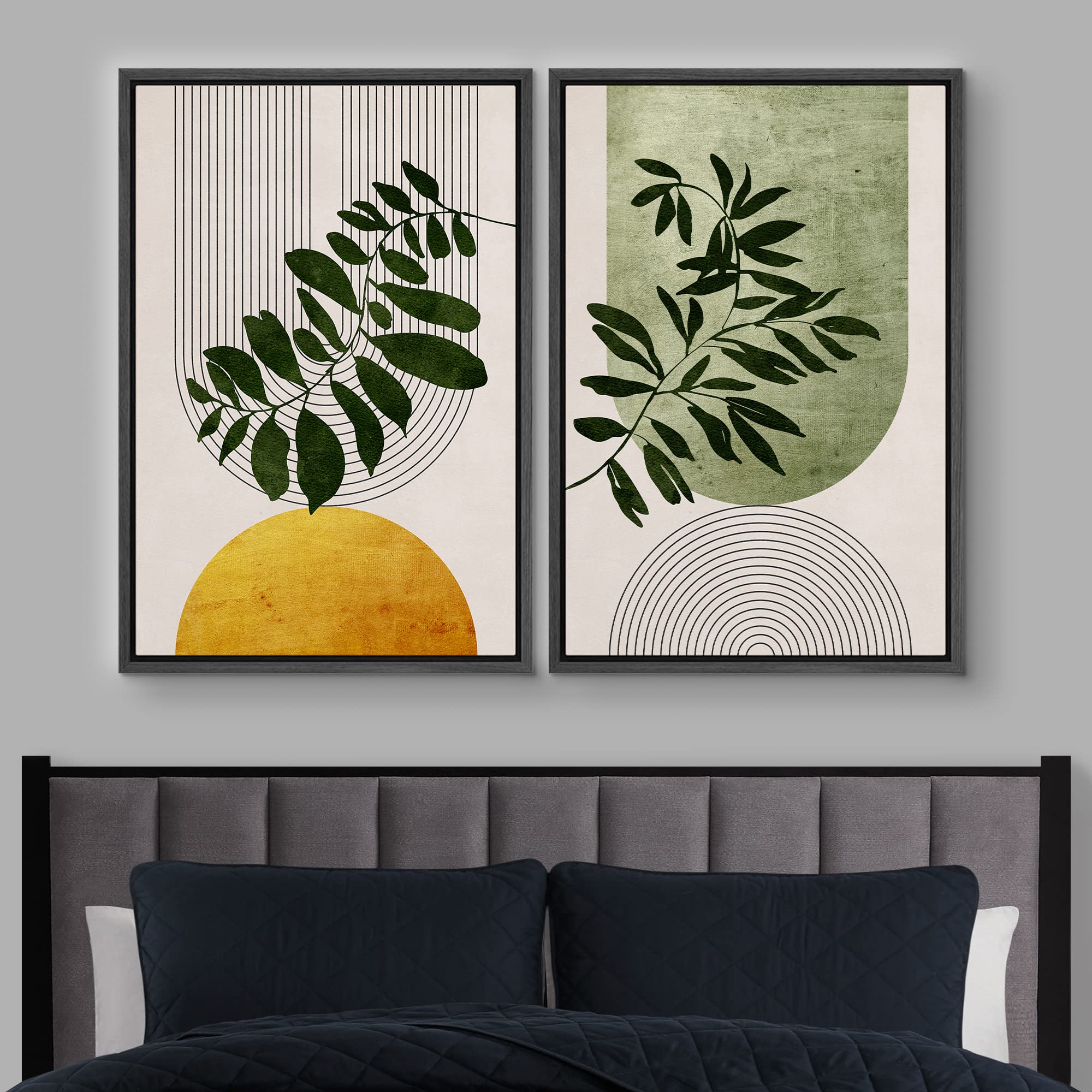 Idea4Wall Framed Canvas Print Wall Art Set Mid-Century Geometric Forest Plant Leaf Nature Wilderness Illustrations Modern Art Ru