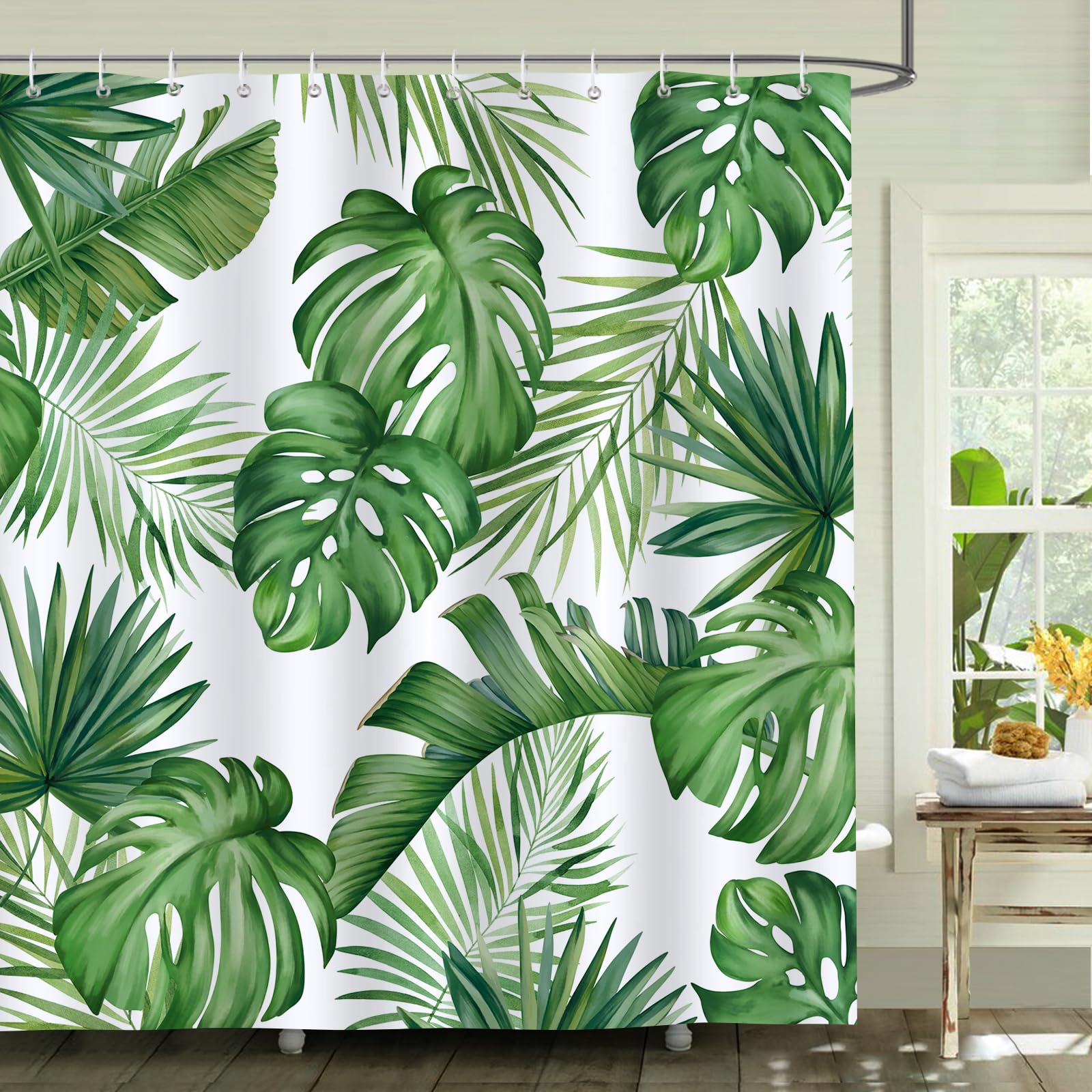 Bonhause Tropical Leaves Shower Curtain Green Palm Monstera Leaf Decorative Bath Curtain 72 X 72 Inch Polyester Fabric Waterproo