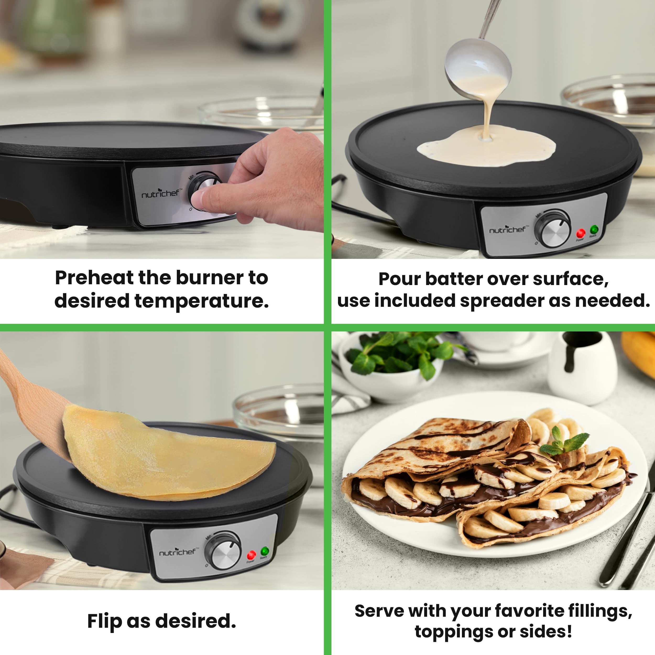 Electric Crepe Maker Pan & Griddle - 12 Inch Nonstick Cooktop - LED Indicators & Adjustable Temperature Control - Includes Spatula  Batter Spreader - Cooks Crepes  Roti & Pancakes