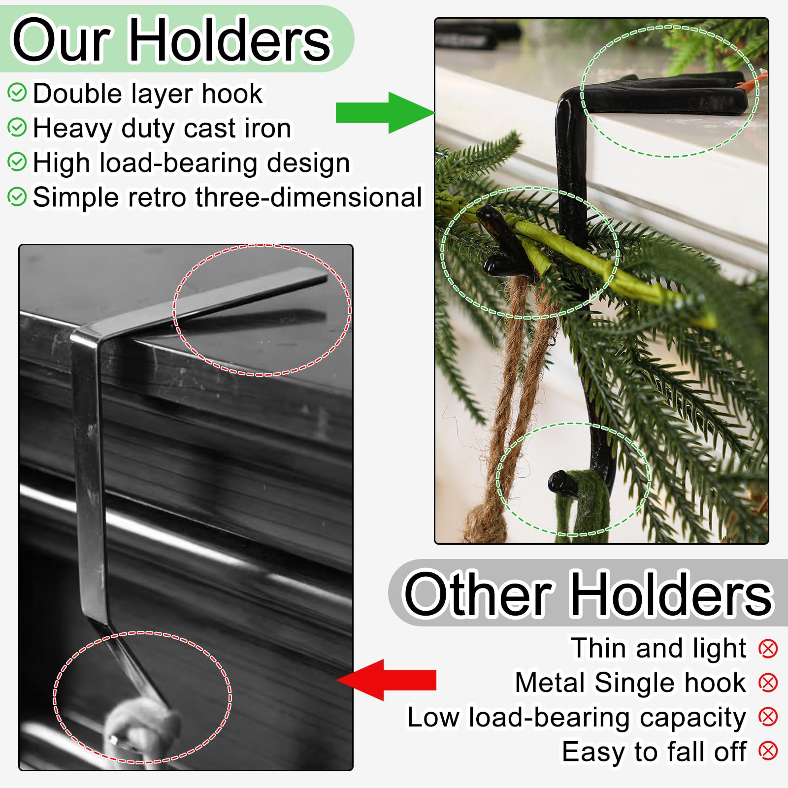 Vicenpal 6 Pcs Fireplace Stocking Garland Hanger for Mantel 2 in 1 Christmas Stocking Holder Two Hooks Durable Wrought Iron Meta