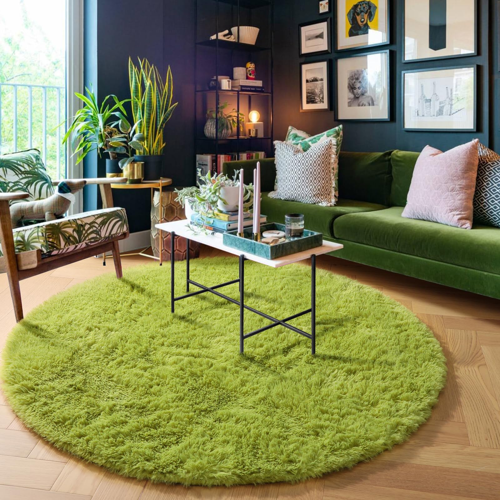 Amdrebio Grass Green Round Area Rug 7Ft for Living Room Bedroom Decor Aesthetic, Large Fluffy Shaggy Fuzzy Circle Rugs for Baby