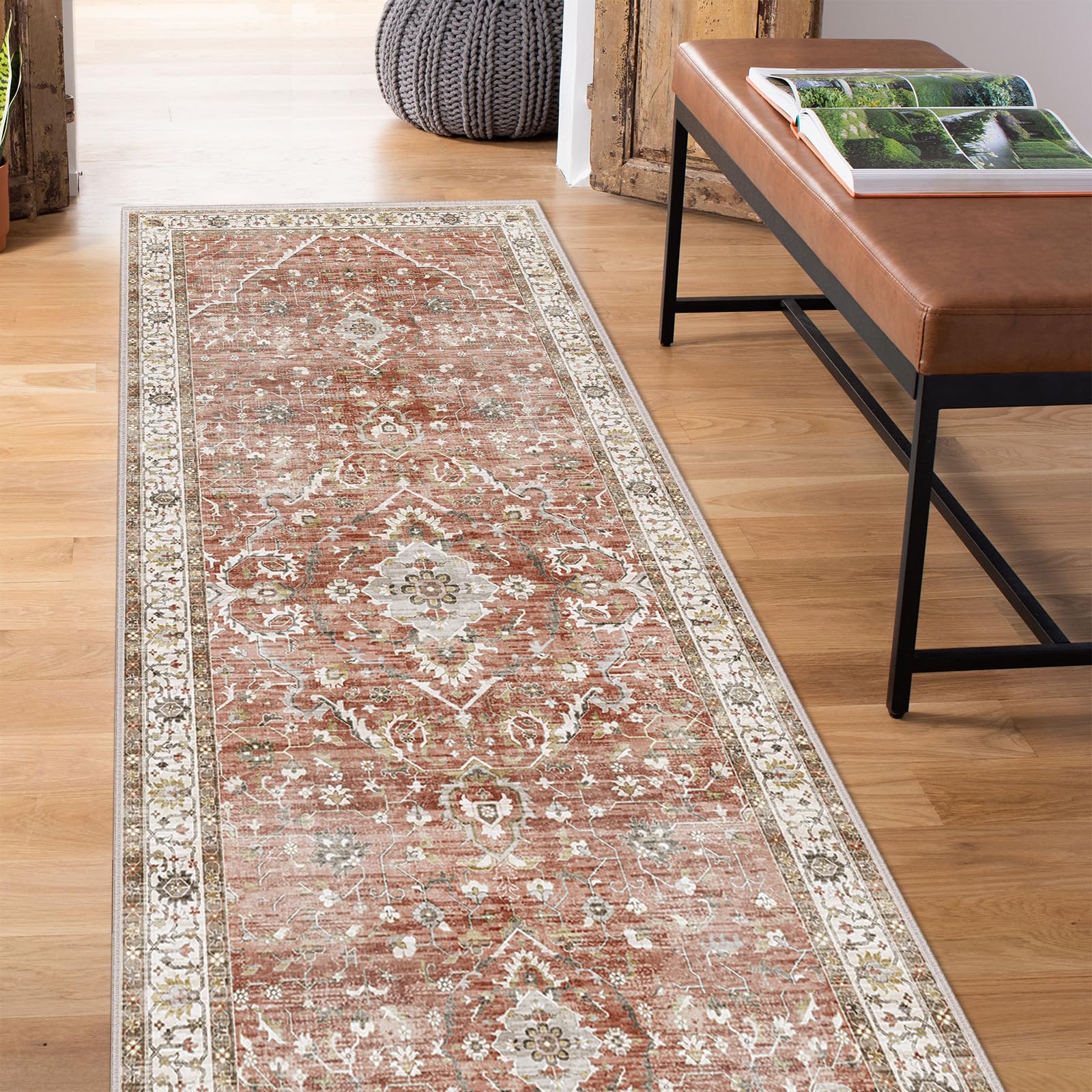 Deerly Rug Runner - Boho 3x8 Washable Kitchen Rug Runner with Non-Slip Backing, Non-Shedding Floral Soft Long Rug Runners for Ha