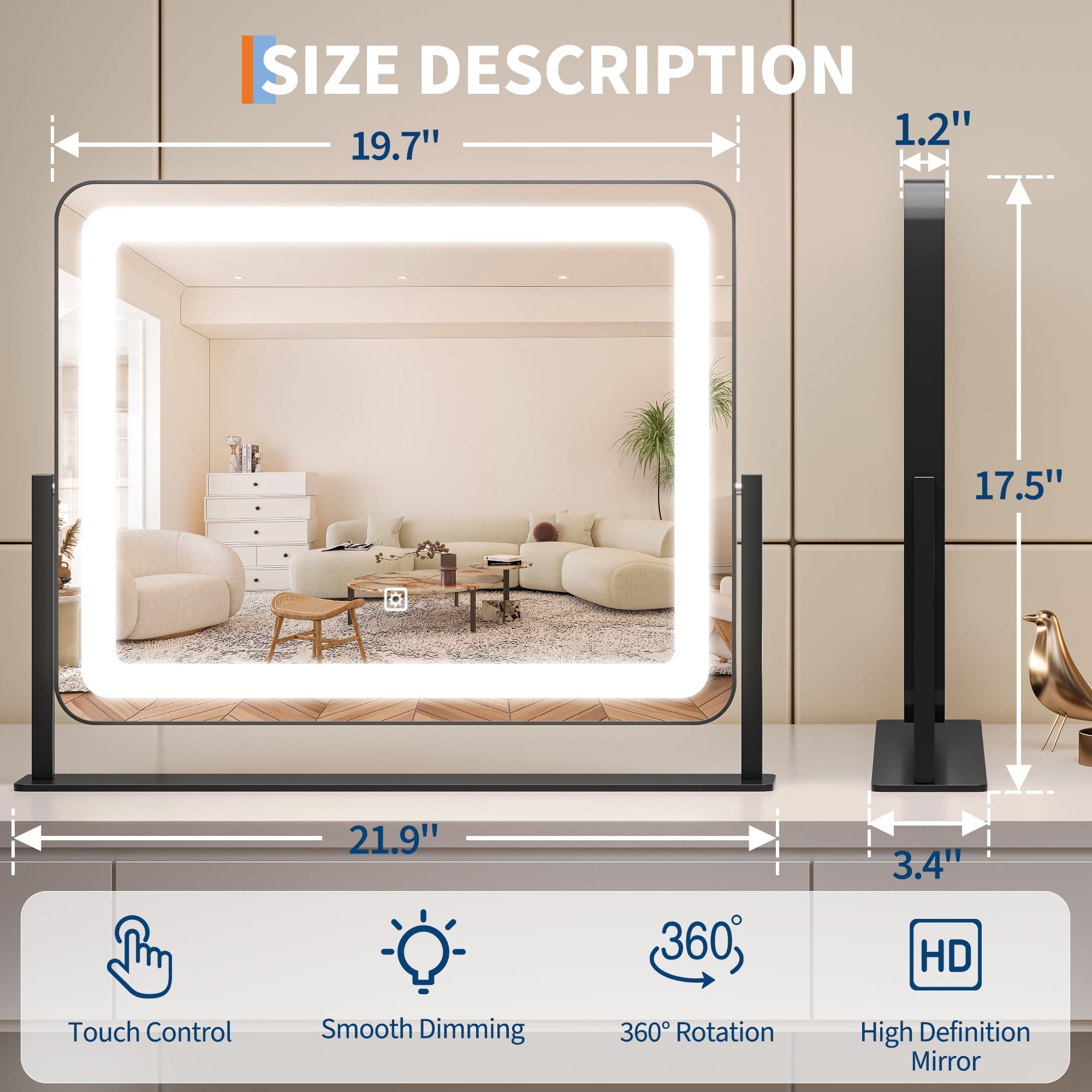 19.6X15.7 Vanity Mirror With Lights, Large Lighted Mirror, Led Makeup Mirror With 3-Color Dimmable Modes And Smart Touch Control