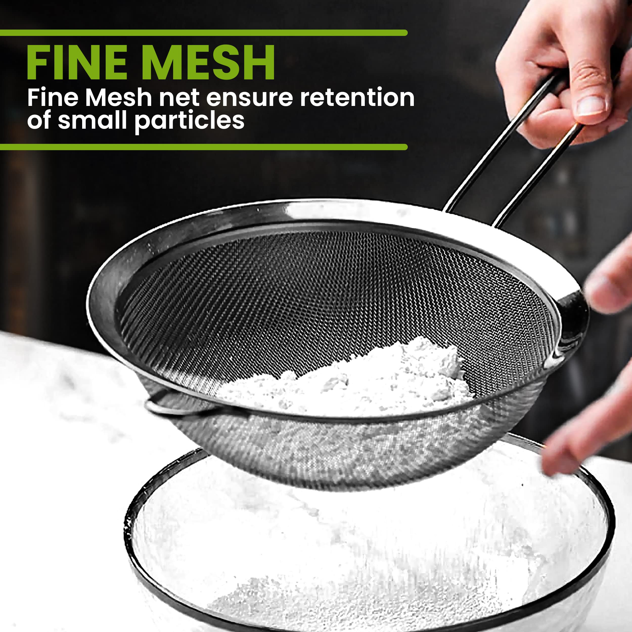 Kafoor Set Of 2 Stainless Steel Mesh Strainers For Kitchen - 5.5 Inch Round Fine Mesh Strainer & 3.4 Inch Conical Strainer Fine