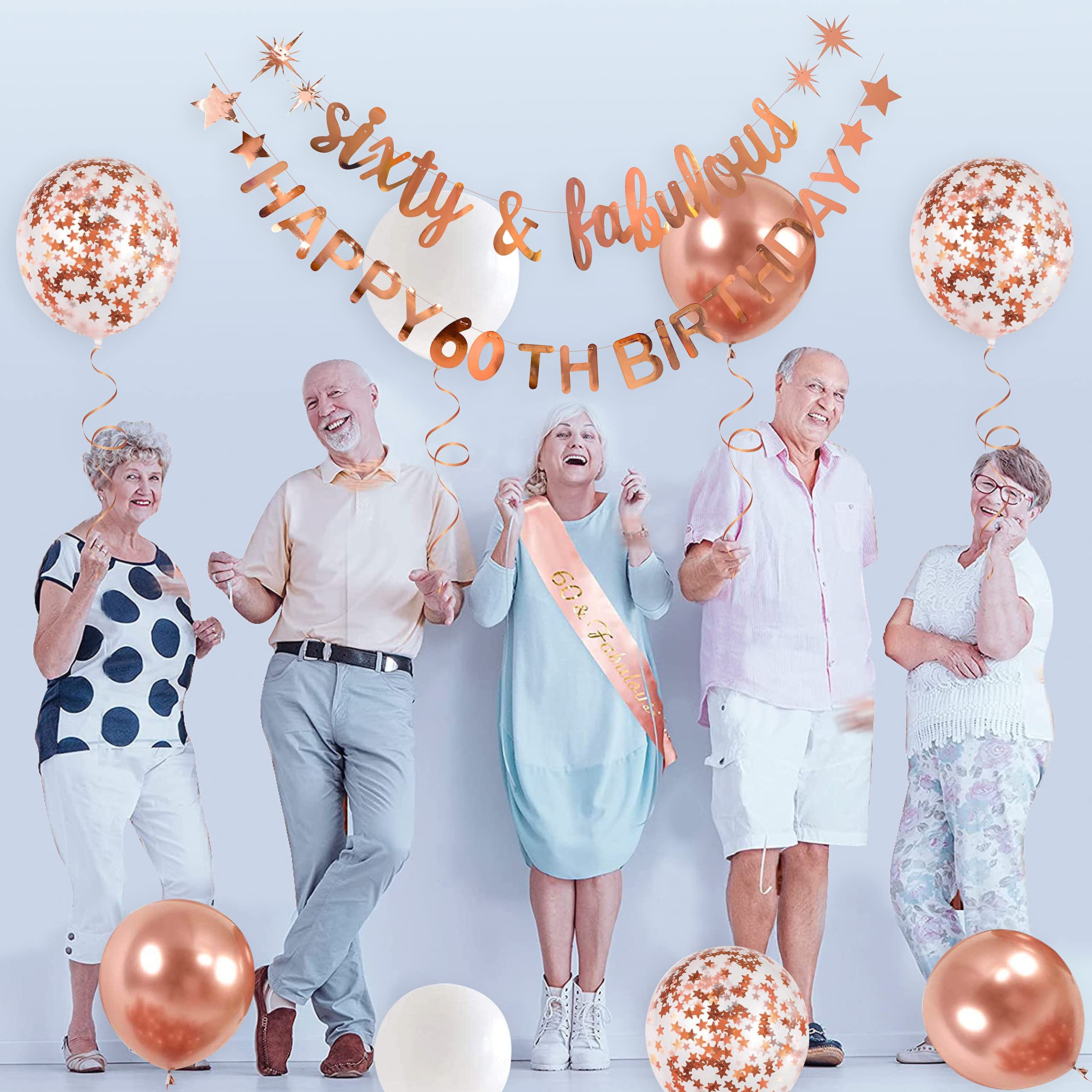 Rose Gold Sixty & Fabulous Happy 60Th Birthday Banner Garland Foil Balloon 60 For Womens 60Th Birthday Decorations Hanging 60 An