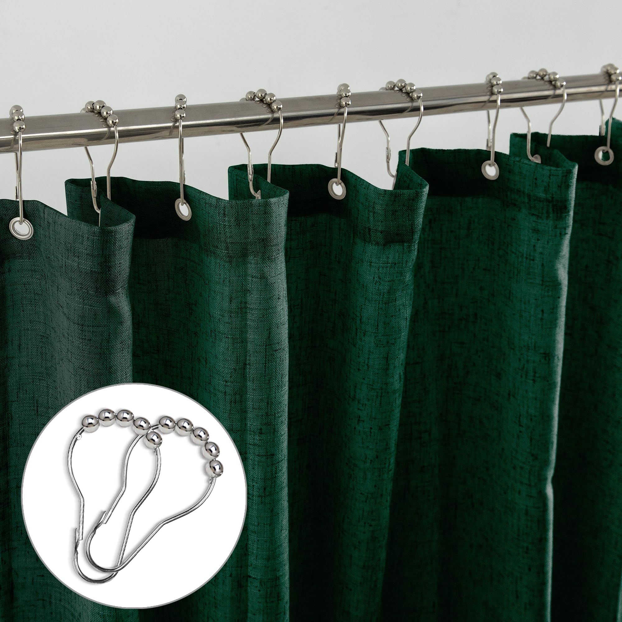 Koufall Dark Green Shower Curtain For Bathroom,Fabric Linen Washable Waterproof Cloth Boho Shower Curtain Set With Hooks,72X72 I