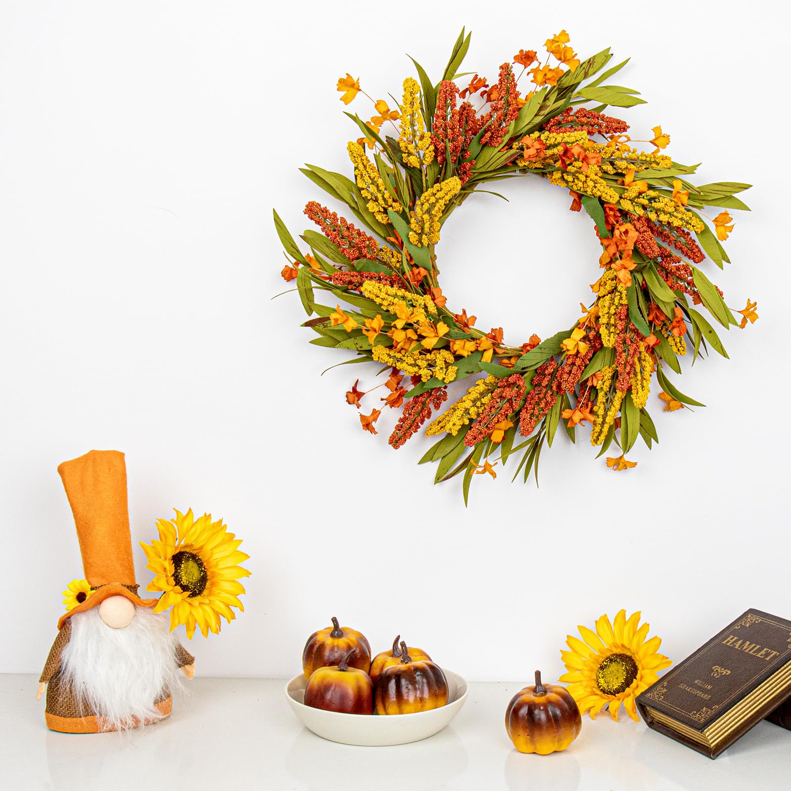 VioletEverGarden Fall Wreath for Front Door 20 Inch Autumn Wreaths Artificial Thanksgiving Wreath with Orange Yellow Sorghum Ear