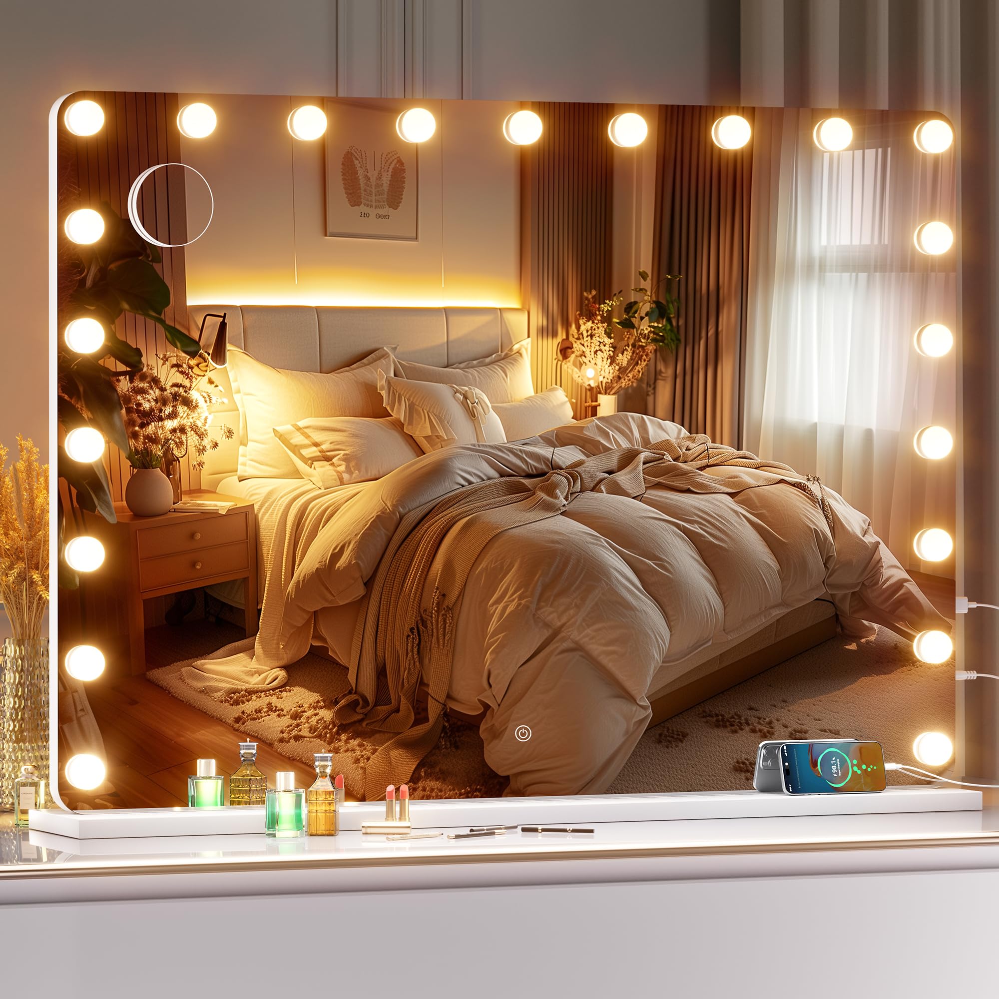 42''X30'' Hollywood Vanity Mirror With Lights, Lighted Makeup Mirror With 21 Dimmable Led Bulbs, 3 Color Lighting Modes & Steple