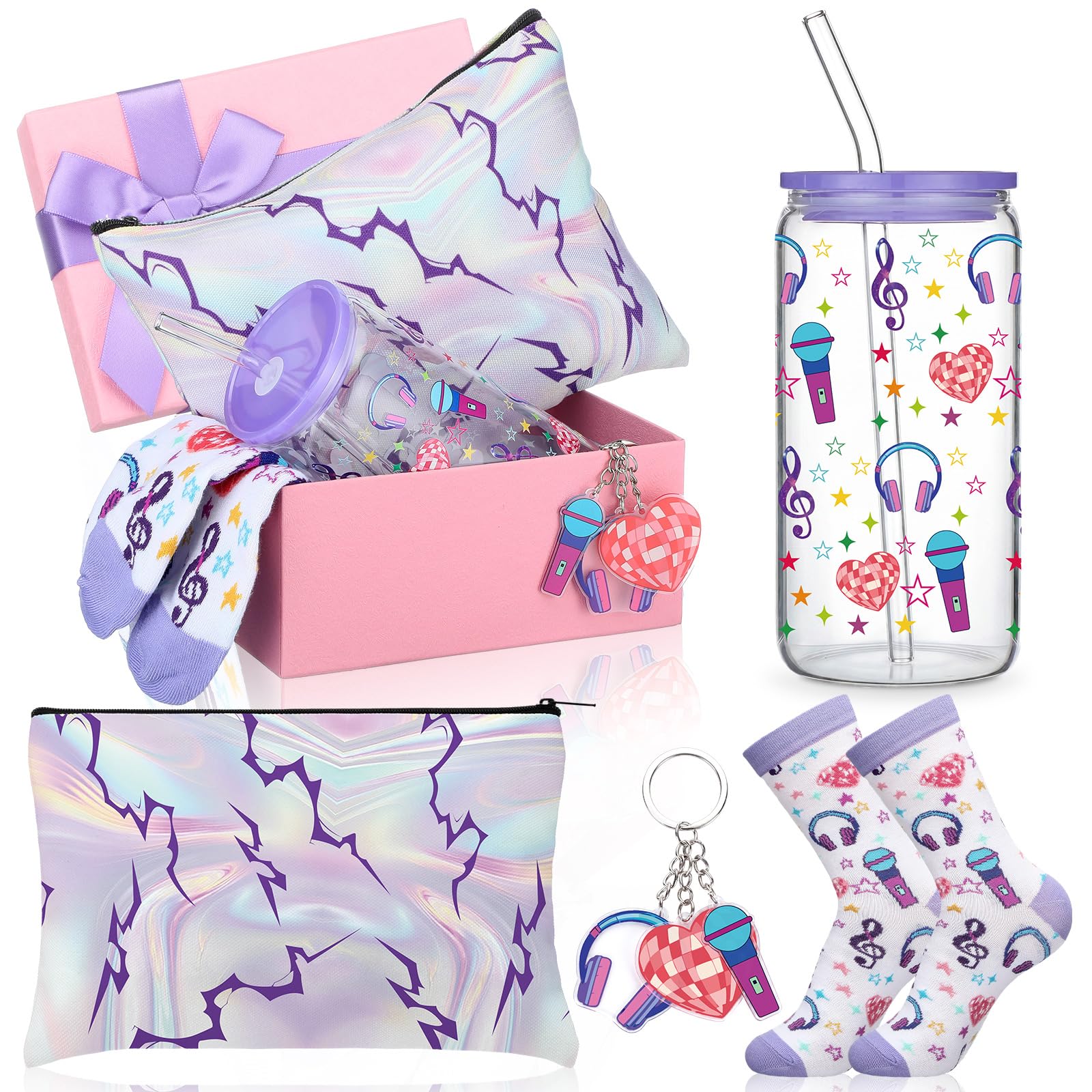 Boao 5 Pcs Kpop Gift Set Purple Birthday Party Favor 16 oz Glass Cup with Lid Straw Cosmetic Bag Keychain Socks Pink Gift Box Ic