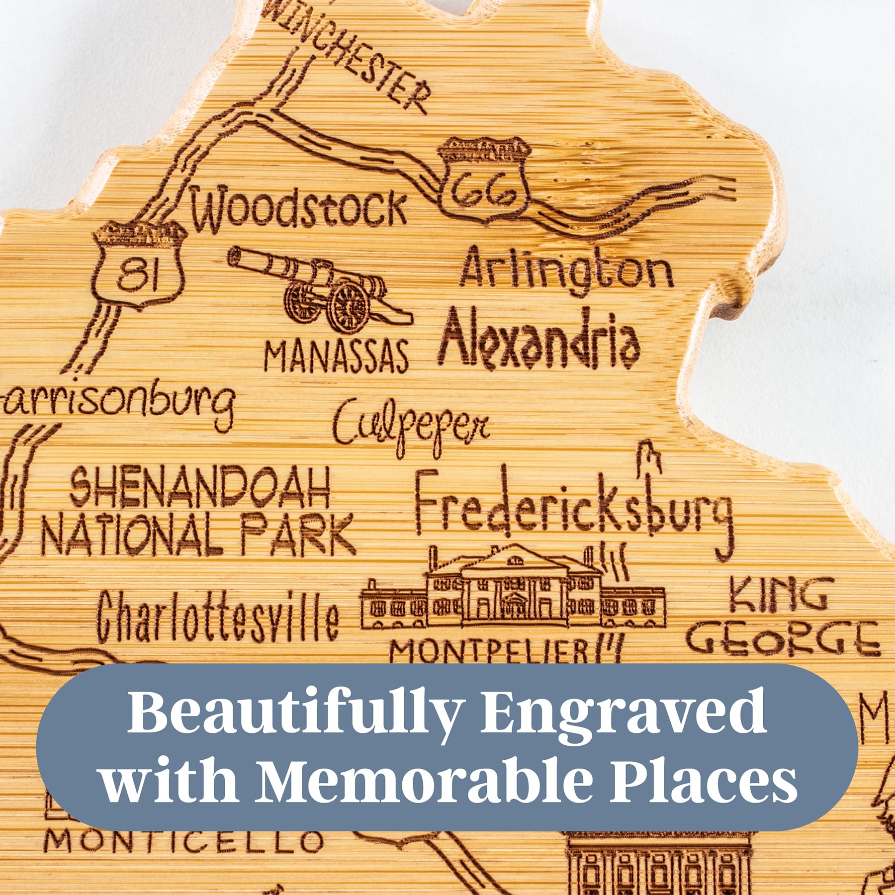 Totally Bamboo Destination Virginia State Shaped Cutting Board, Charcuterie and Cheese Serving Board - Virginia Gift for Home D