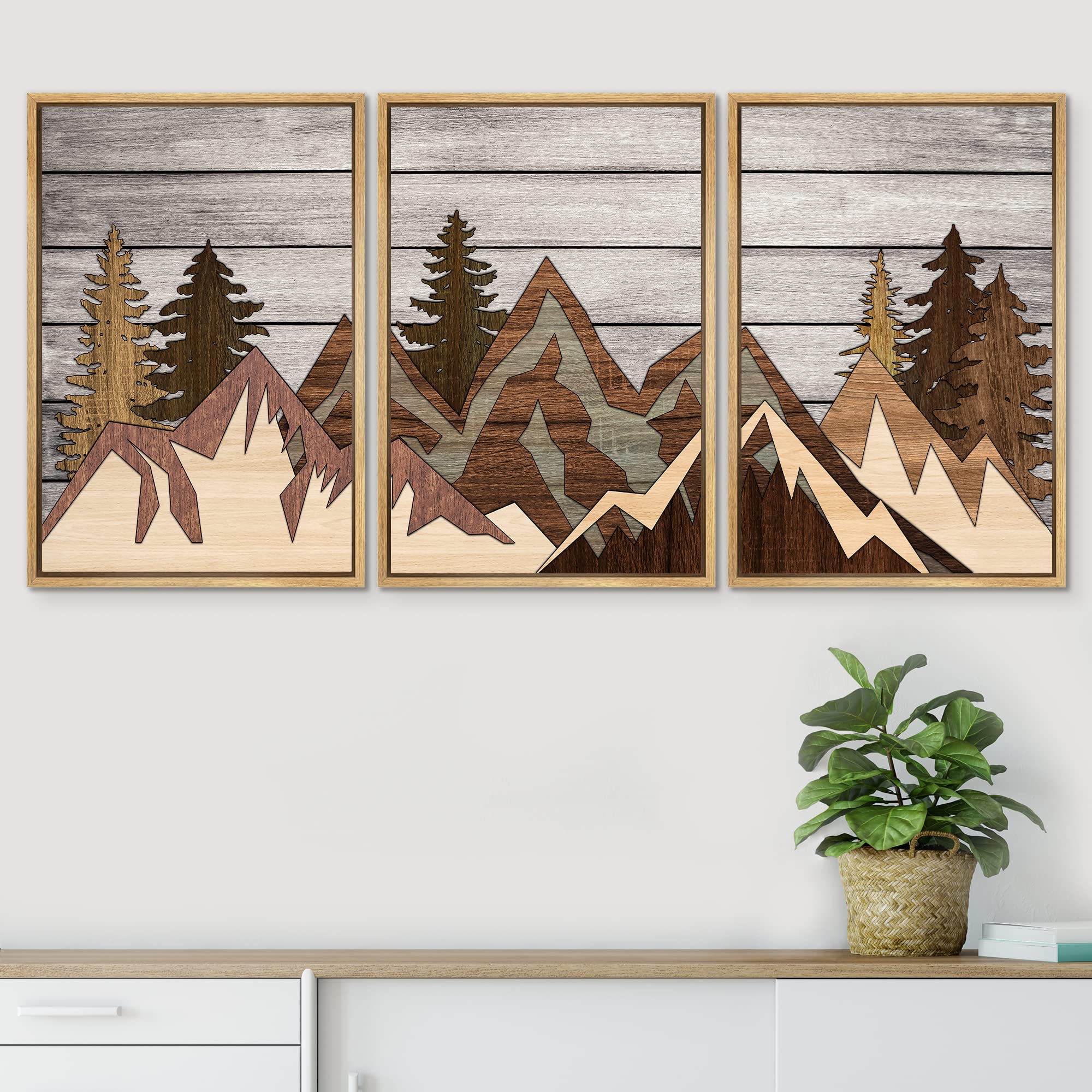 Signwin Framed Canvas Print Wall Art Set Wood Panel Mountain Range Forest Nature Wilderness Illustrations Modern Art Decorative