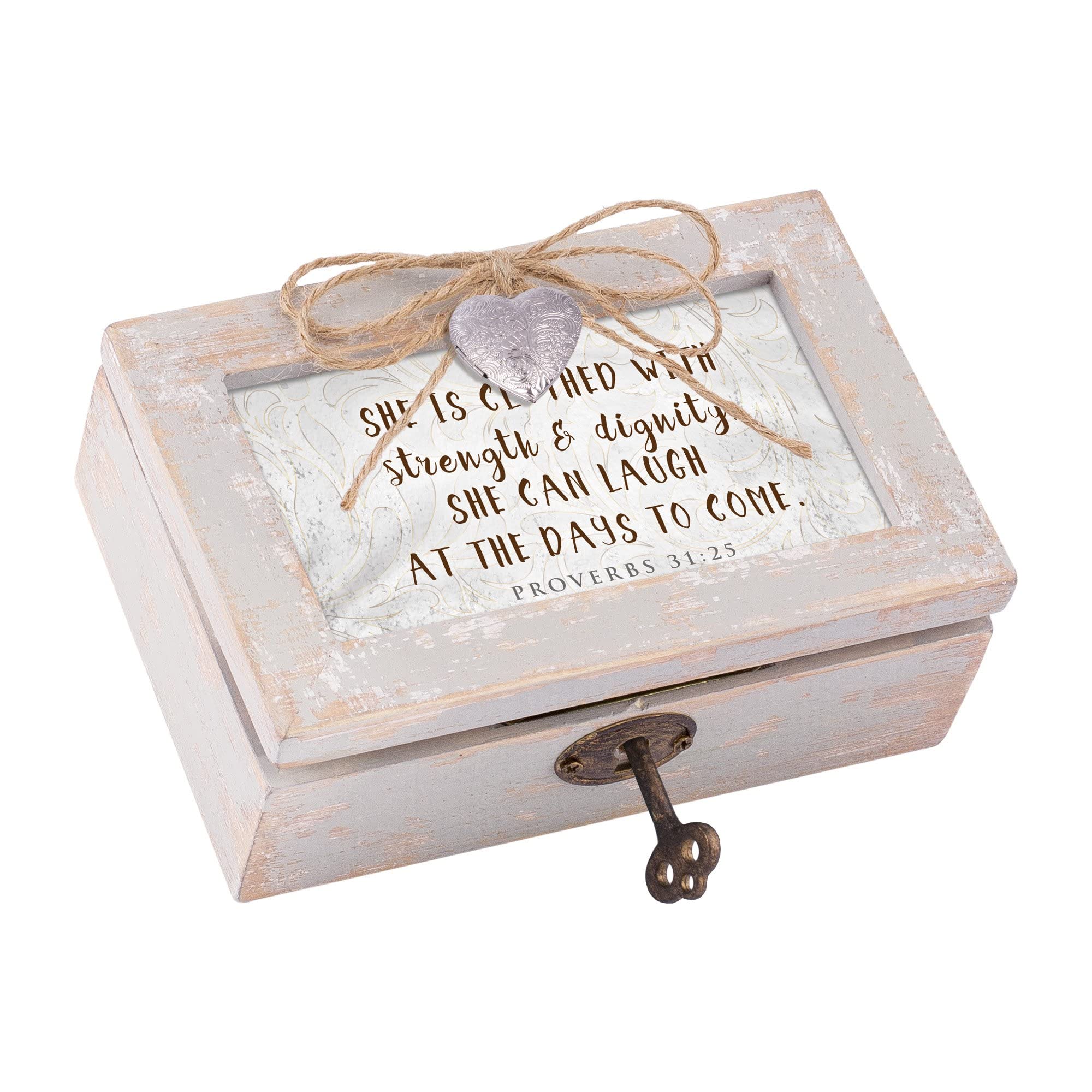 Cottage Garden She is Clothed with Strength Petite Locket Distressed Natural Music Box Plays Amazing Grace