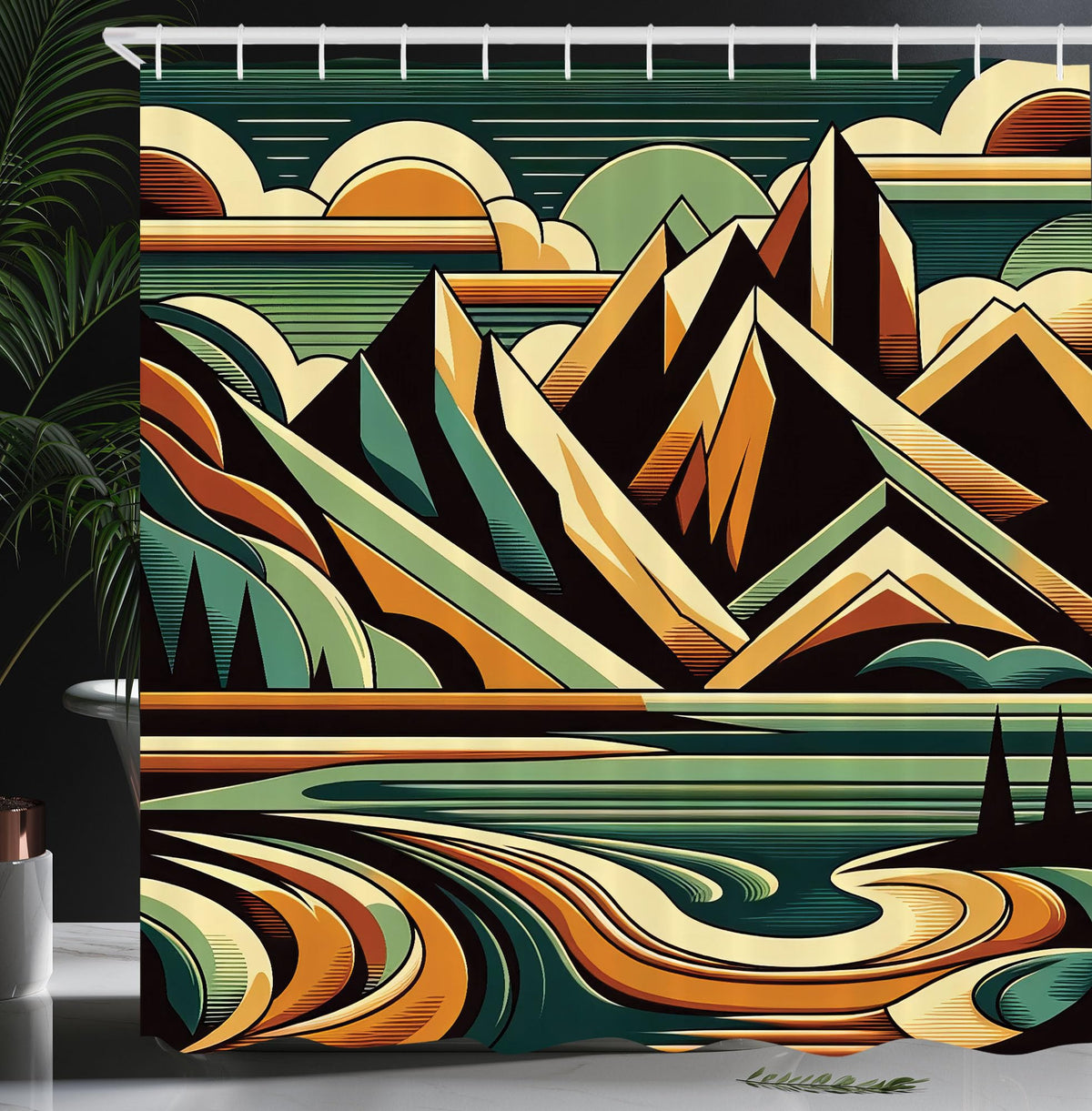 Ambesonne Lake Shower Curtain, Abstract Mid Century Modern Concept Mountain Landscape Nature Line Details, Cloth Fabric Bathroom