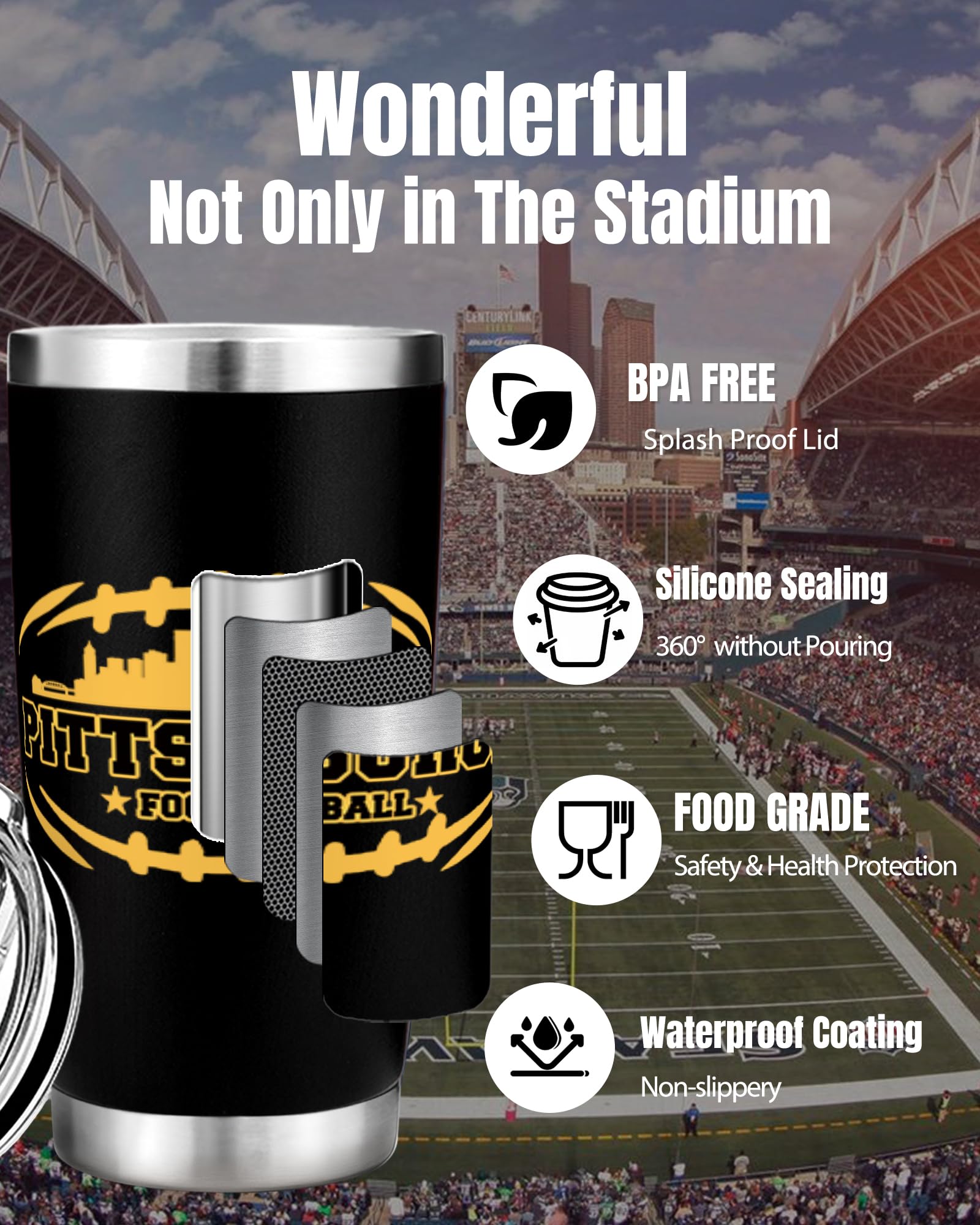 Football Fan 20 Oz Insulated Travel Coffee Cup Mug Tumbler with Lid Pittsburgh Themed Merch Shop Men Women Sport Stuff Gear Stee