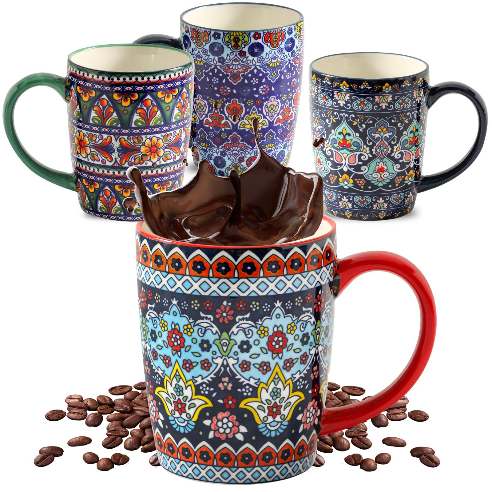 HASENSE Coffee Mugs, 15 OZ Coffee Cups Ceramic Set of 4 with Handle and Bohemian Style for Man Woman, Vintage Stoneware Porcelai