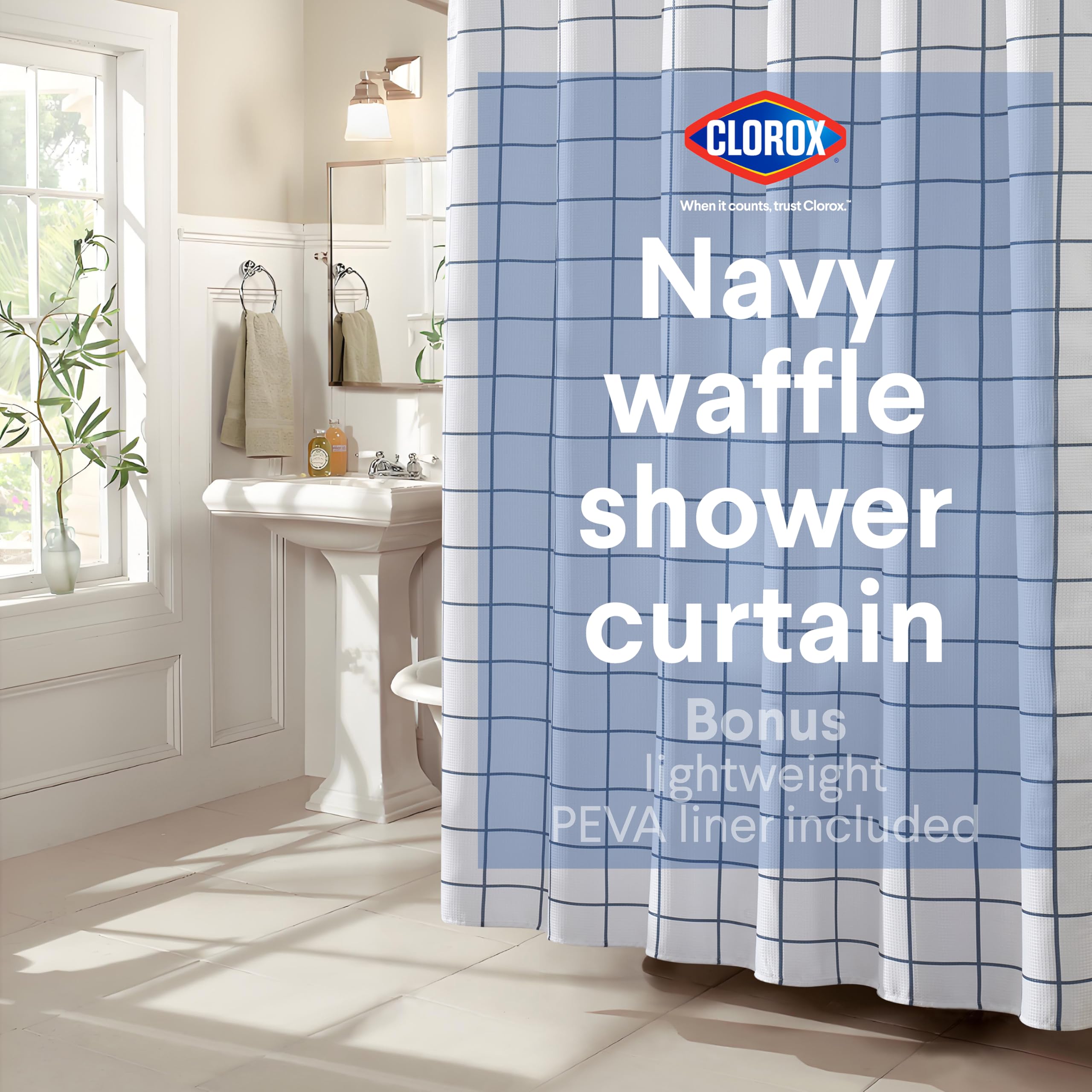 Clorox Bathroom Waffle Window Pane Pattern Shower Curtain With Waterproof Lightweight Peva Liner Set, Standard Size For Bathroom