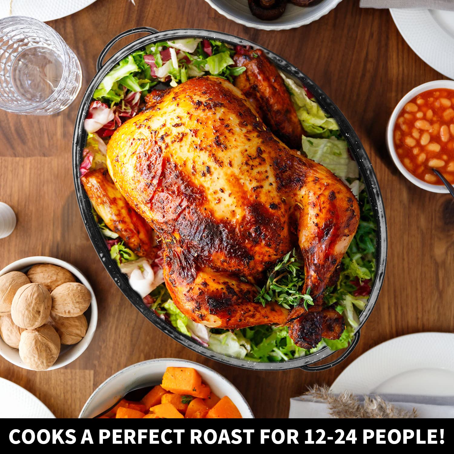 Dimeshy 18Inch Roasting Pan, Enamel On Steel, Black Covered Oval Roaster Pan With Lid, Large Cookware For Turkey, Small Chicken,