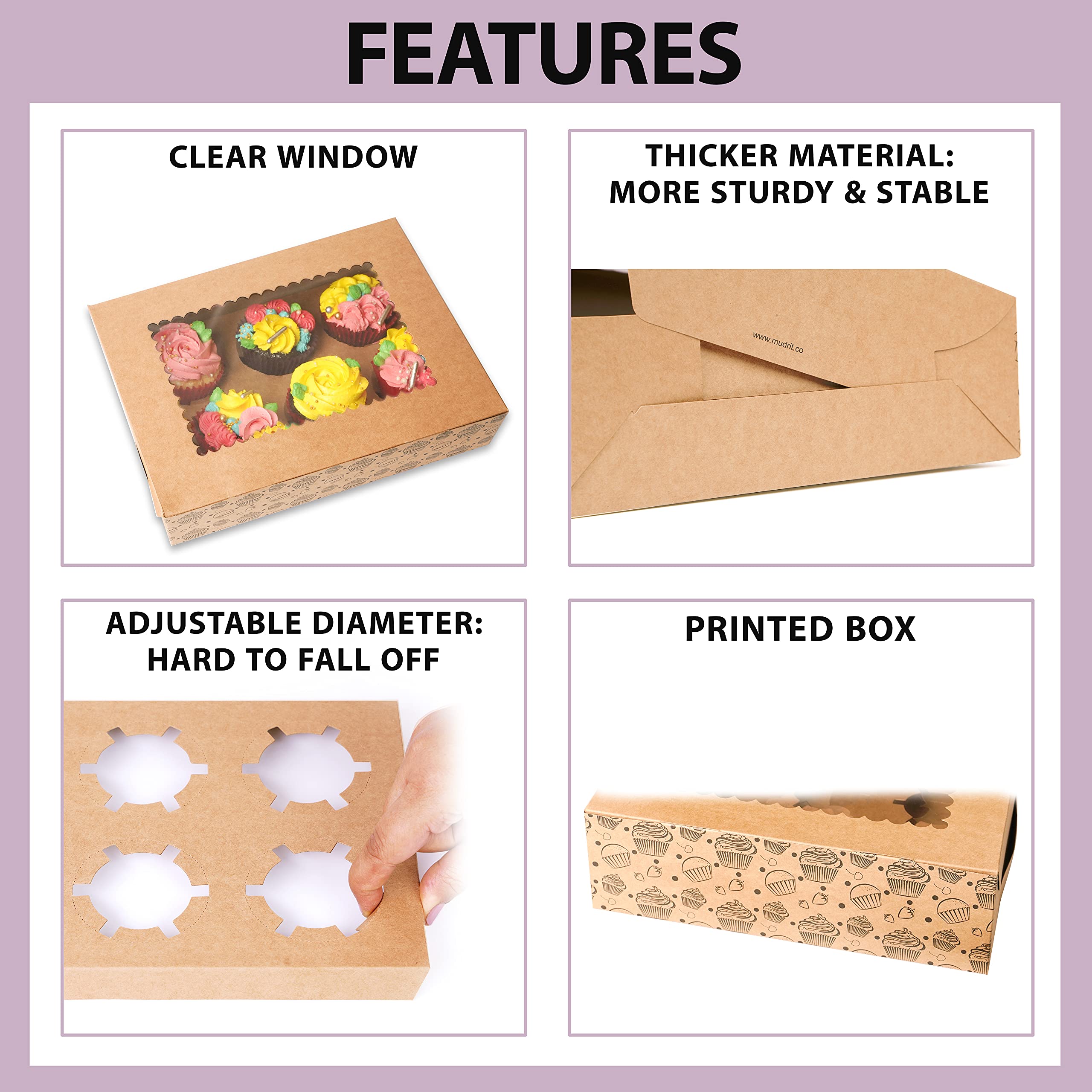 Mudrit 20-Pack Brown Cupcake Boxes With Insert Trays, Tags And Twine | Food Grade Kraft Bakery Boxes With Window To Fit 6 Cupcak