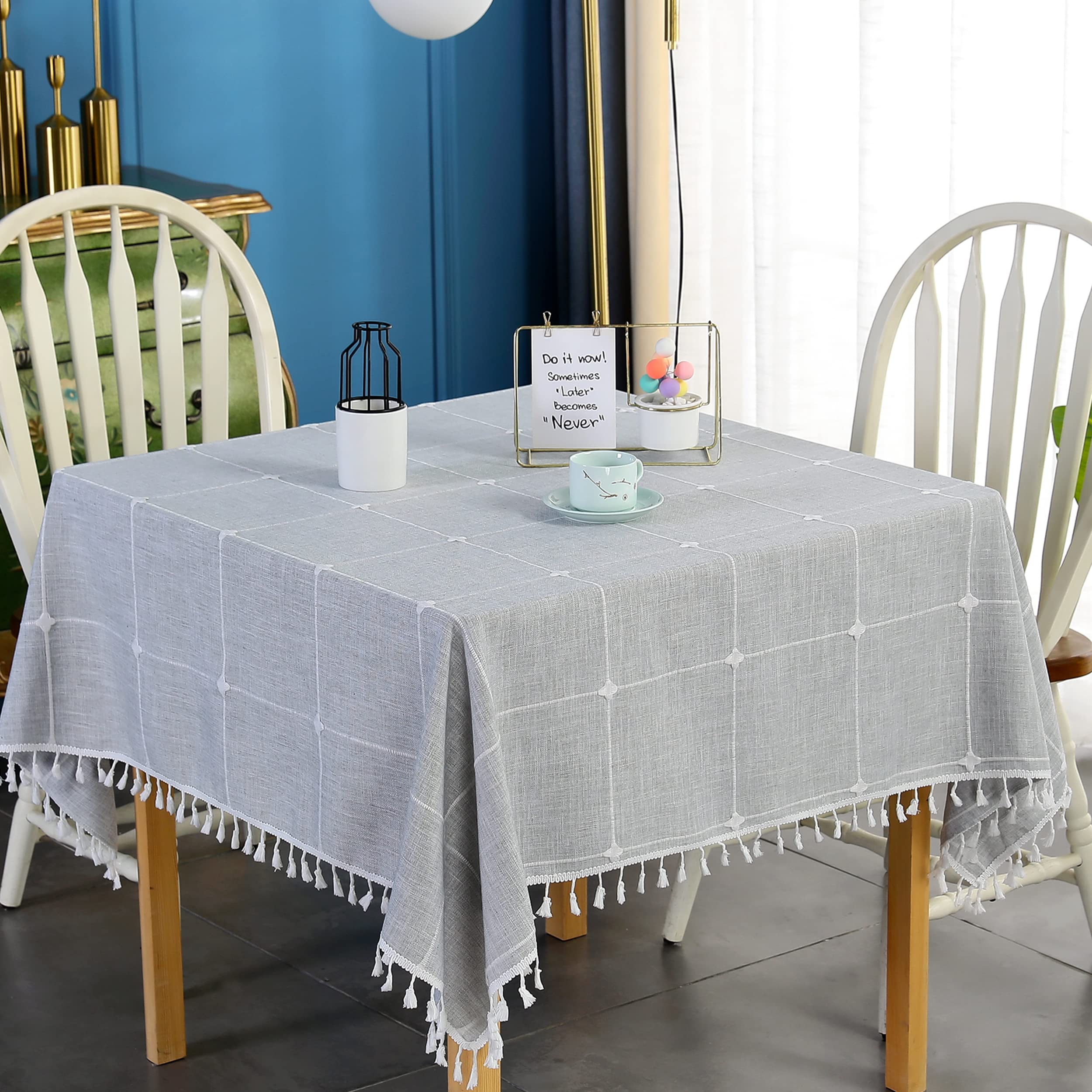 Grey Embroidery Lattice Square Tablecloth with Tassel Heavy Duty Rustic Fabric Table Cover Wrinkle Resistant Washable Kitchen Dining Party Wedding Decoration 70 x 70 Inches