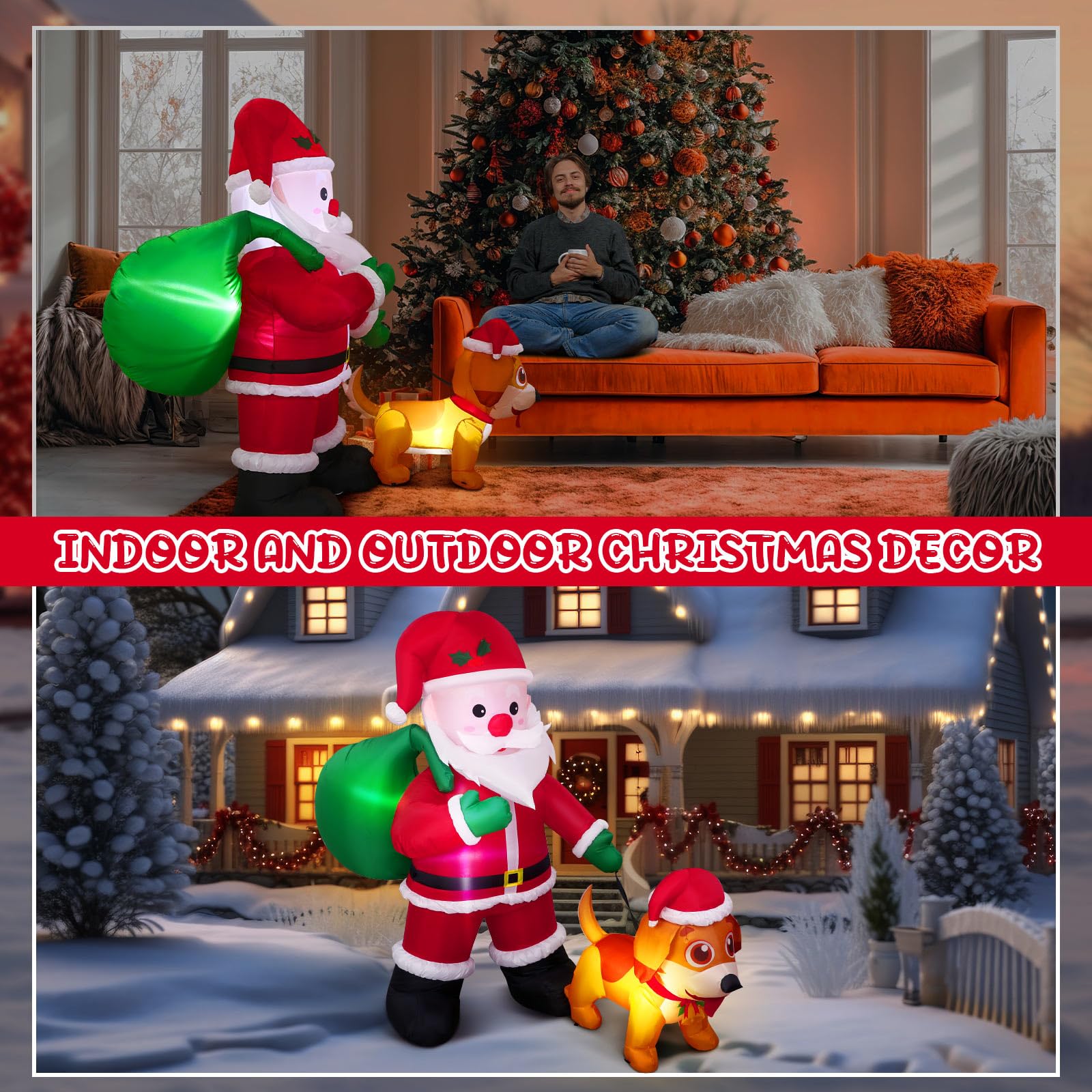 Leyndo 6 FT Christmas Inflatable Santa Claus Outdoor with a Gift Bag and a Dog Blow Up Decoration with LED Lights Cute Xmas for
