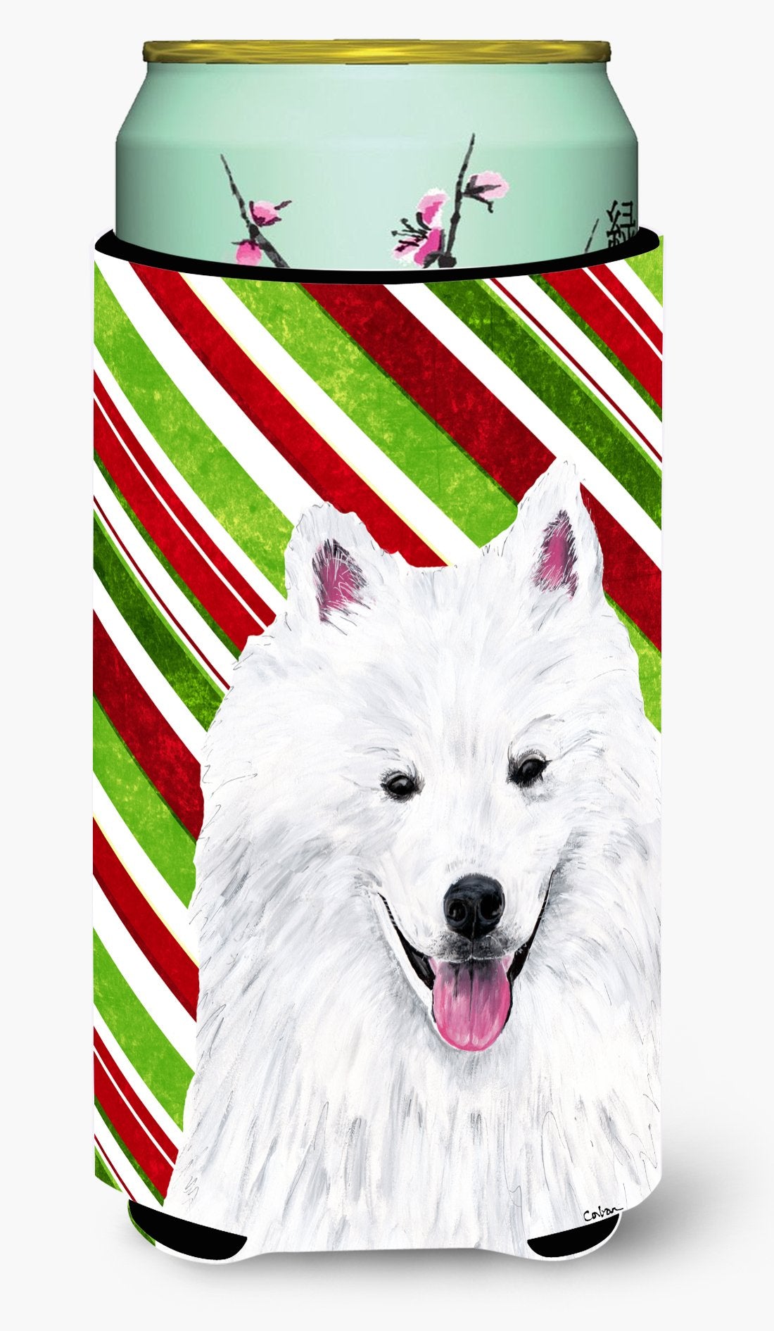 American Eskimo Candy Cane Holiday Christmas  Tall Boy Beverage Insulator Beverage Insulator Hugger