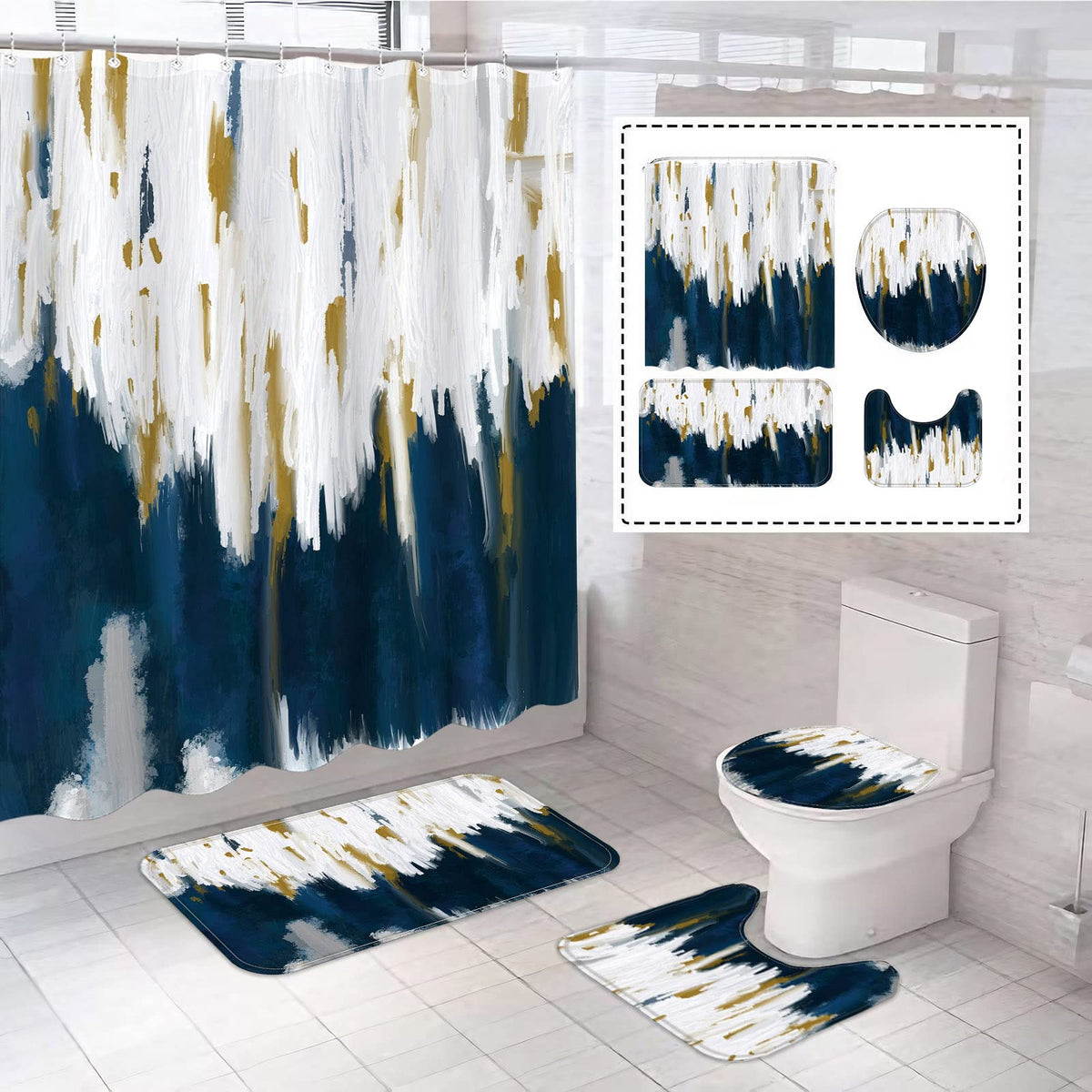Fungarth 4 Pcs Navy Blue Shower Curtain Set With Rug Abstract Modern Simple Bathroom Sets With Waterproof Fabric Shower Curtain