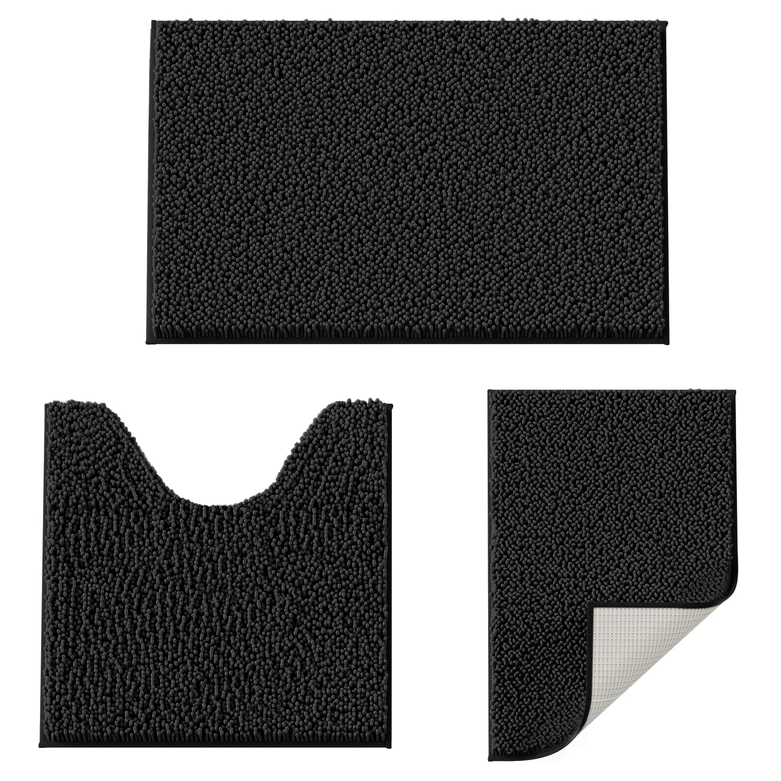 Black Bathroom Rugs Non-Slip Bath Mat Set  Chenille Bathroom Mats  Bath Rugs Set 3 Pieces  Ultra Soft Bathroom Rug Set  and Absorbent Bath Mat  Plush Bathroom Carpet Bath Mat for Bathroom  Tub  Shower