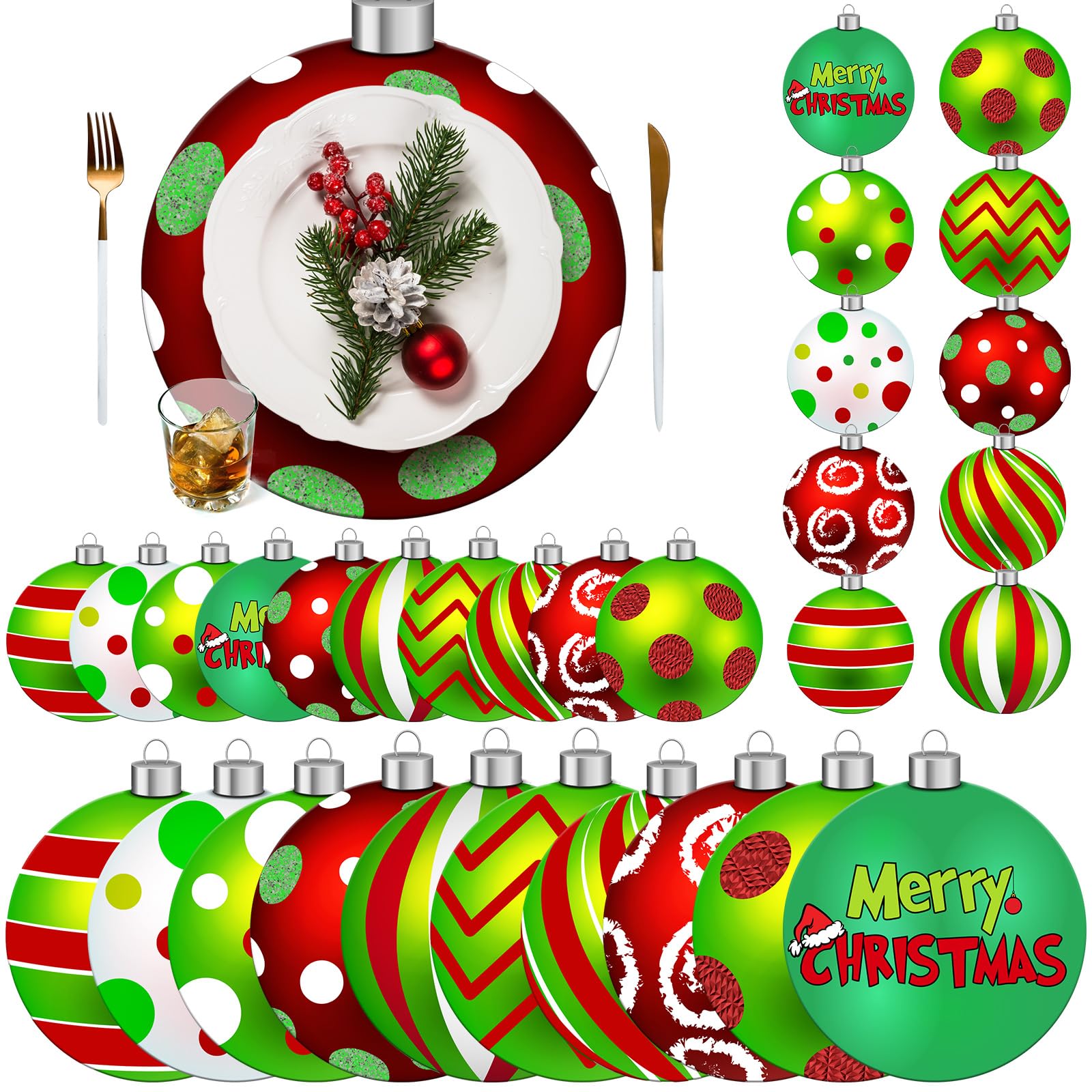 Geosar 200 Green Elf Disposable Christmas Balls Placemats and Coasters Set 11 x 13 Inch Paper Red Green Candy Cane Peppermint Ro