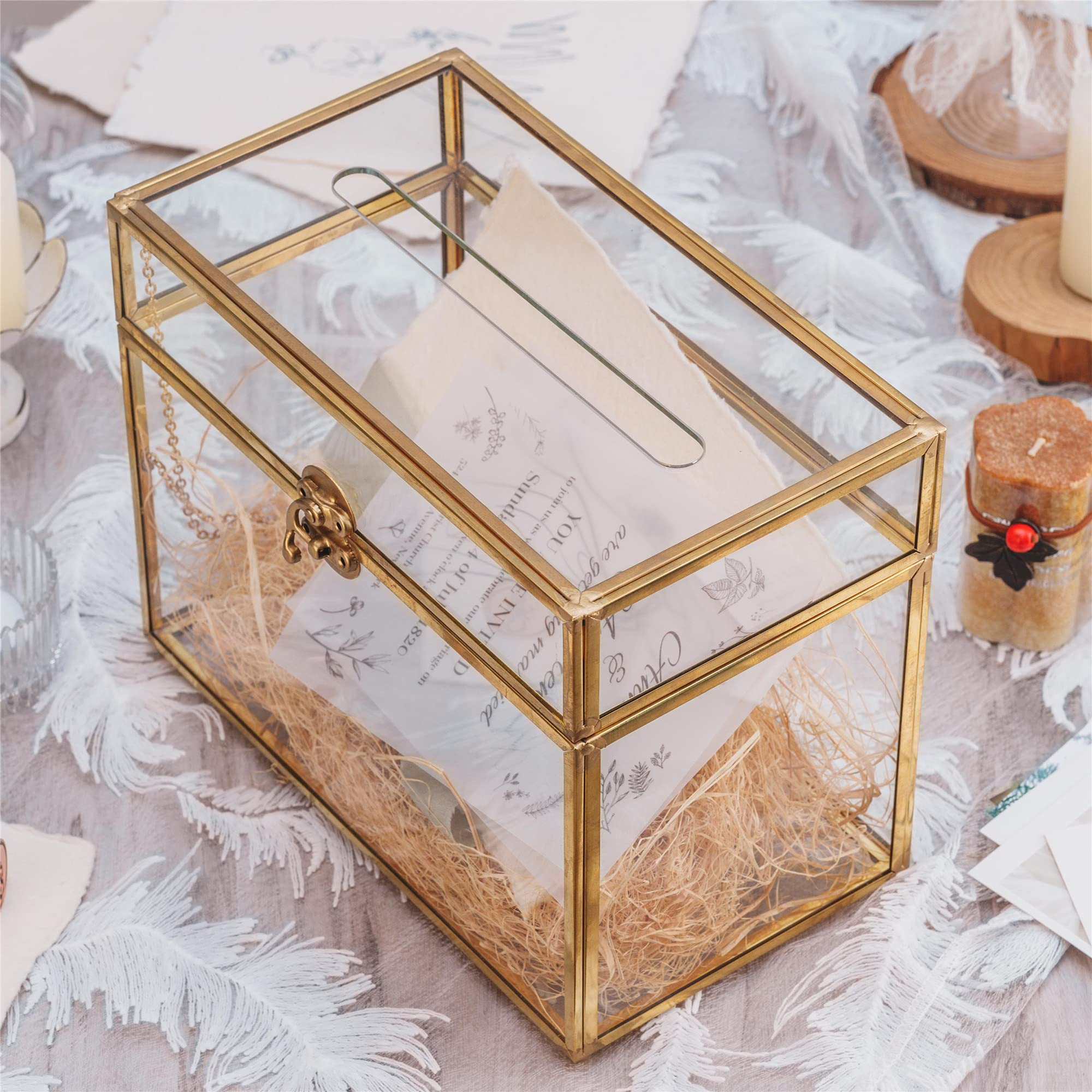 NCYP Small 9.8 x 5.6 x 7.7 Inch Wedding Glass Cards Box with Slot - Gold Envelope Card Holder for Birthday Party Reception, Home