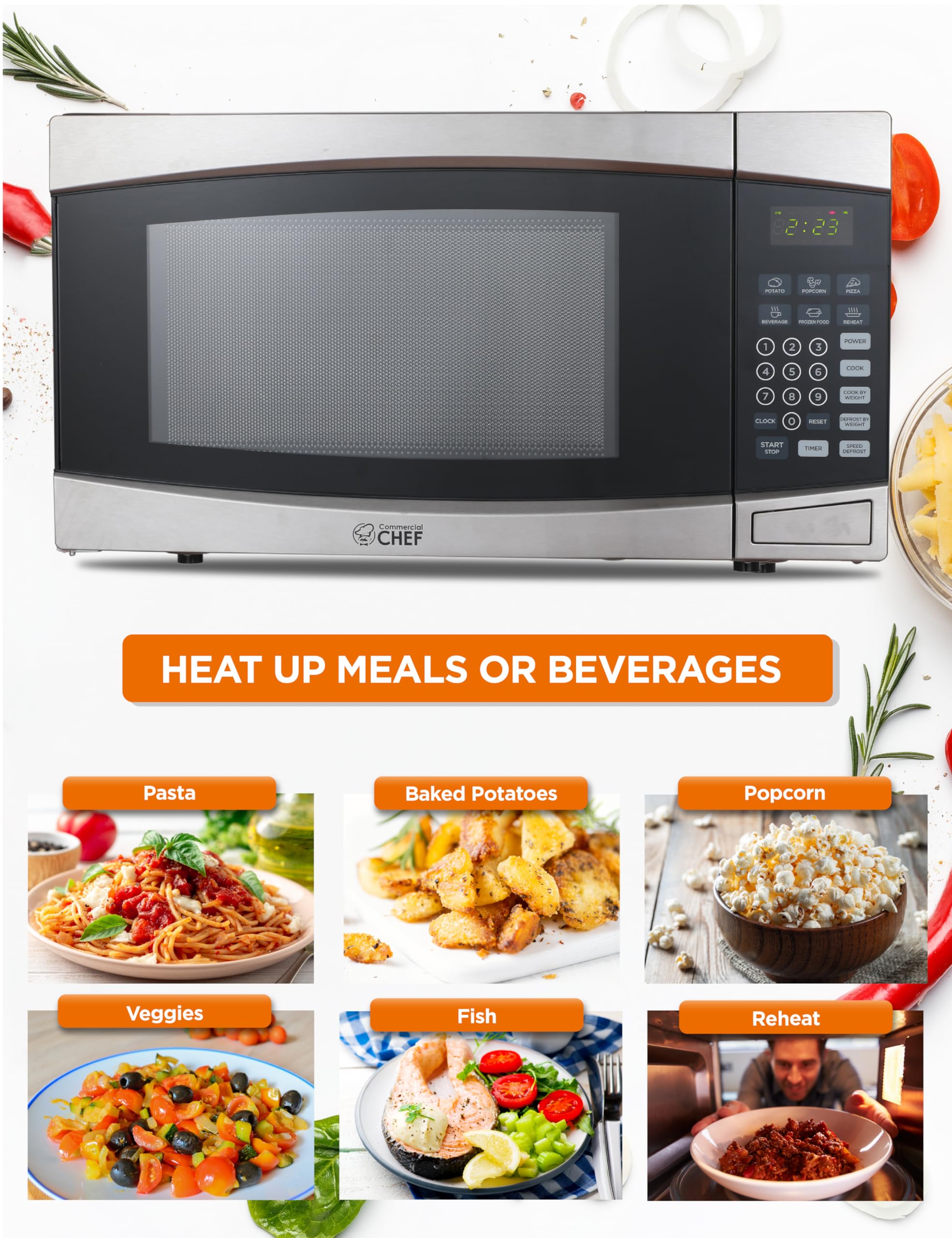 Commercial Chef 1.4 Cubic Foot Microwave With 10 Power Levels, Small Microwave With Push Button, 1100 Watt Microwave With Digita