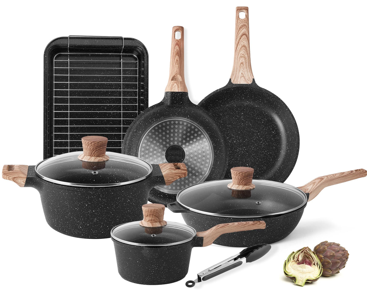 Pots and Pans Set - Caannasweis Nonstick Granite Stone Cookware Sets, Induction Frying Pans for Cooking, PFOS PFOA Free, Baking