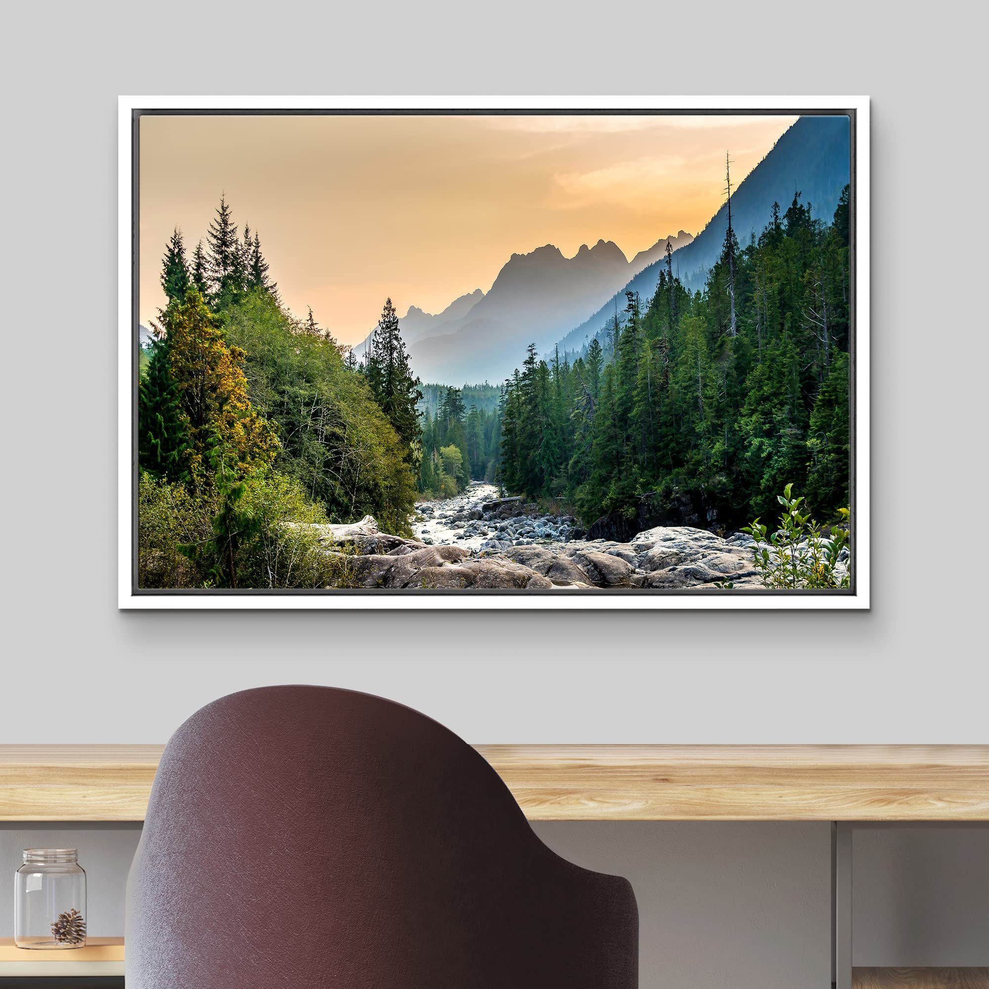 wall26 Framed Canvas Print Wall Art Colorado Forest River Rapid Rock Mountain Nature Wilderness Photography Realism Earth Scenery Scenic Landscape for Living Room  Bedroom  Office - 16''x24'' White