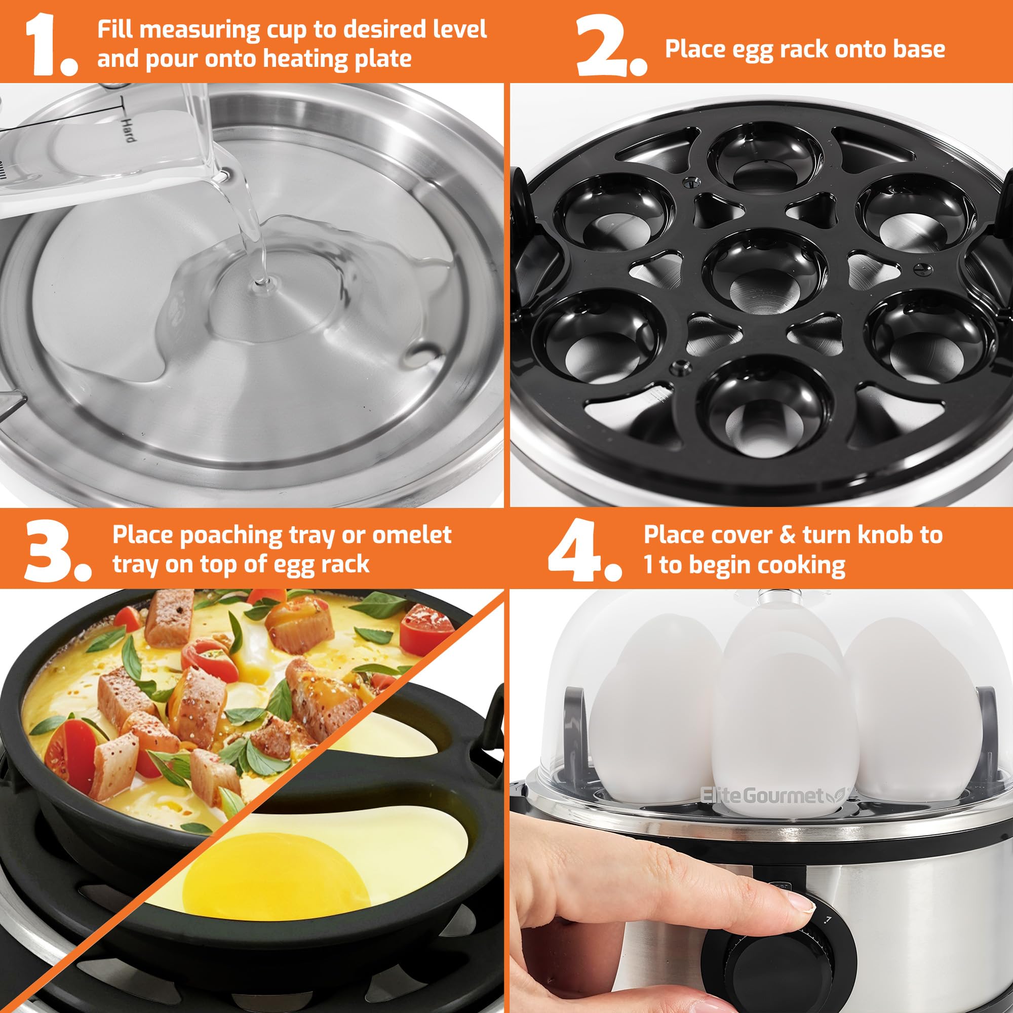 Elite Gourmet Egc724Ss Easy Electric Poacher, Omelet Eggs & Soft, Medium, Hard-Boiled Egg Boiler Cooker With Auto Shut-Off And B