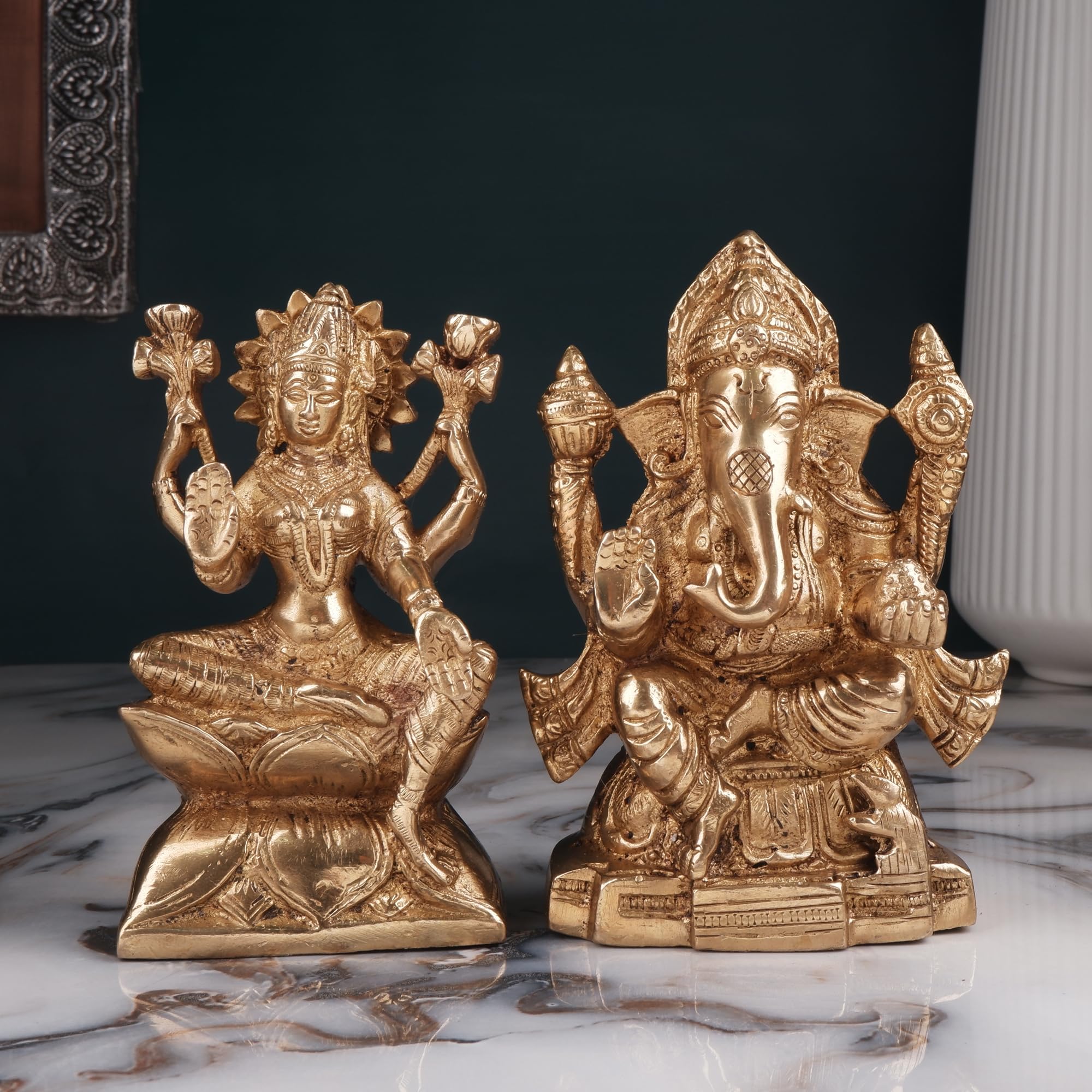 Shoppingrox Lakshmi Ganesh God Idol | Brass | Yellow Colour - 15 Cm