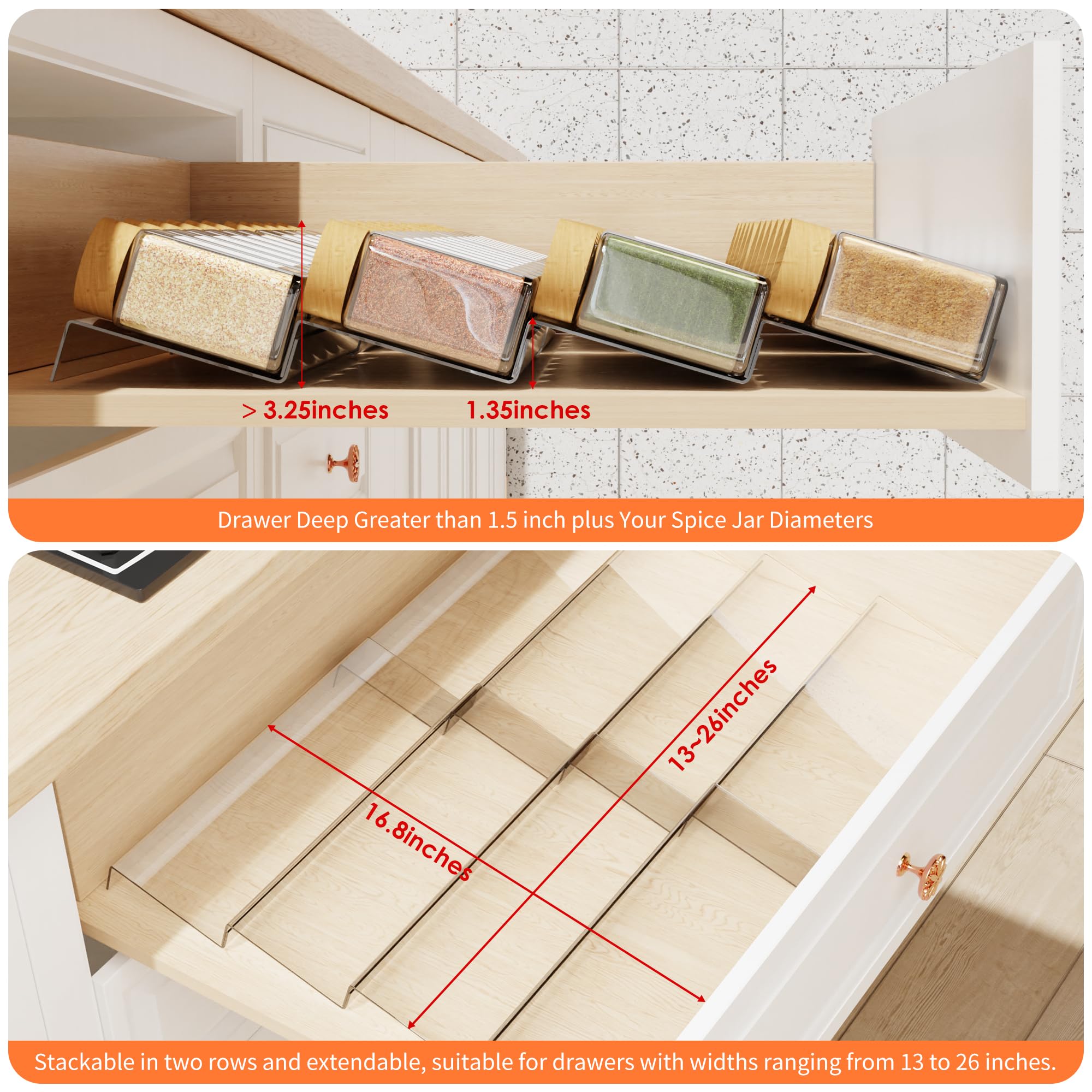 Jadehom Spice Drawer Organizer, 4 Tier Clear Acrylic Expandable From 13 '' to 26 '' Seasoning Jars Drawer Insert, Kitchen Drawer