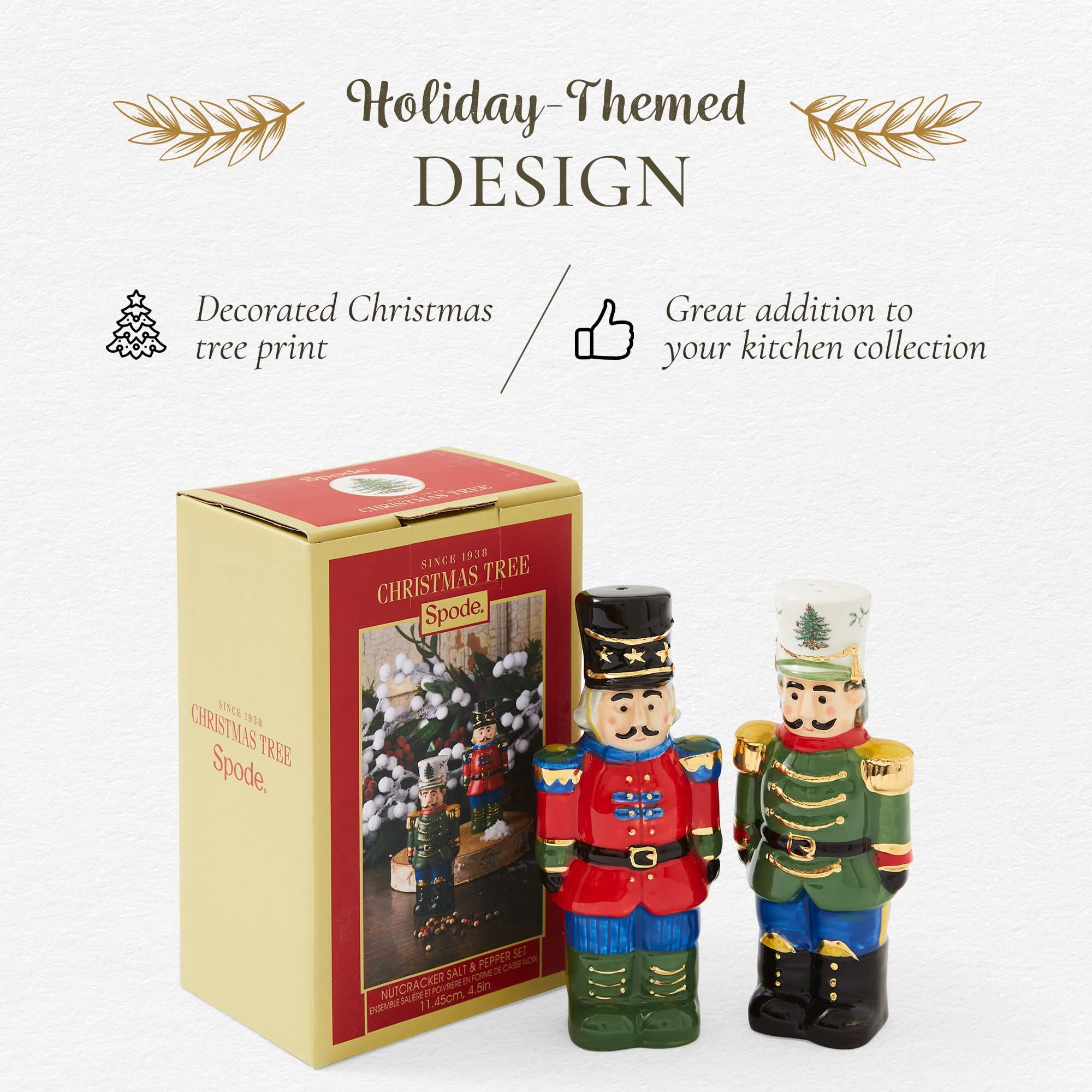 Spode Christmas Tree Collection Nutcracker Salt and Pepper Shaker Set  Green  Measures 4.5-Inches  Holiday Kitchen and Table Shaker  Festive Home D?cor