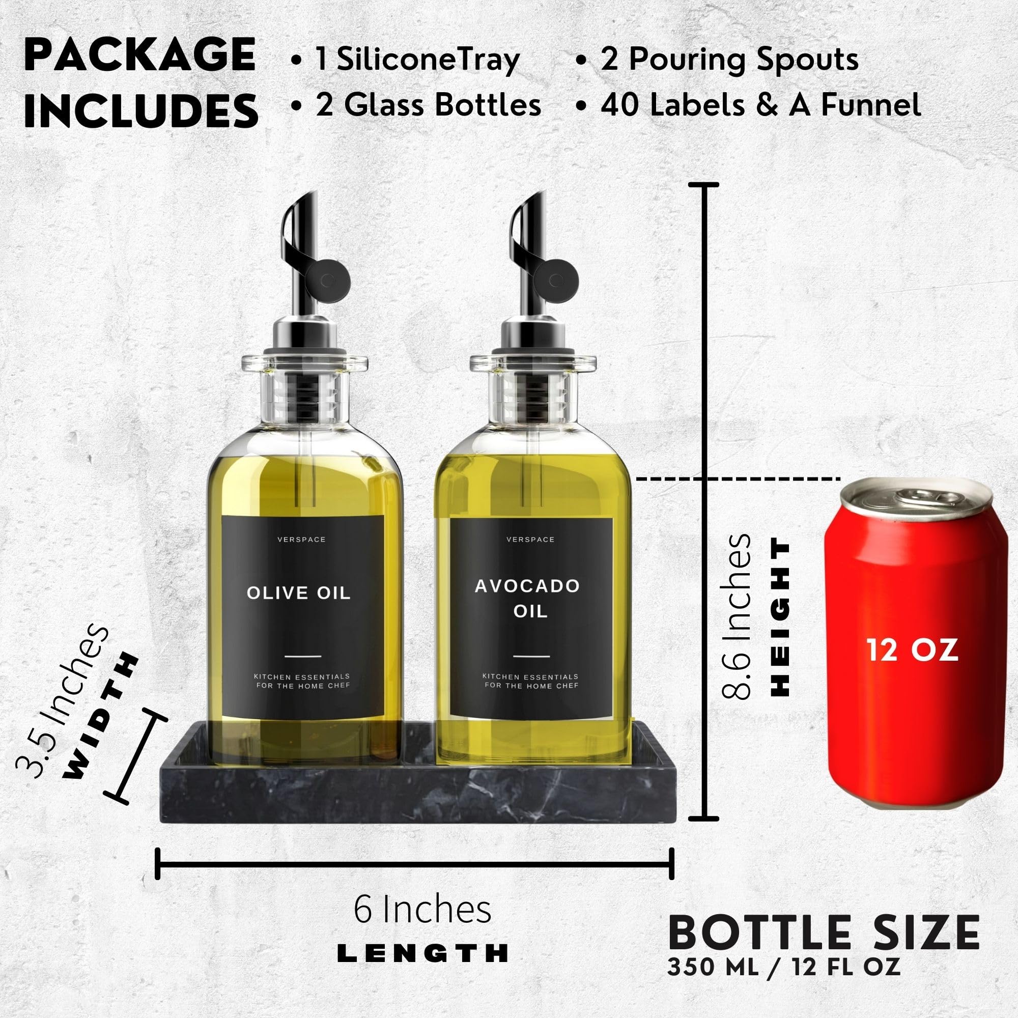 Verspace Olive Oil Dispenser Bottle For Kitchen With Silicone Tray & 40 Labels, Soy Sauce Dispenser, Coffee Syrup Dispenser, Oli