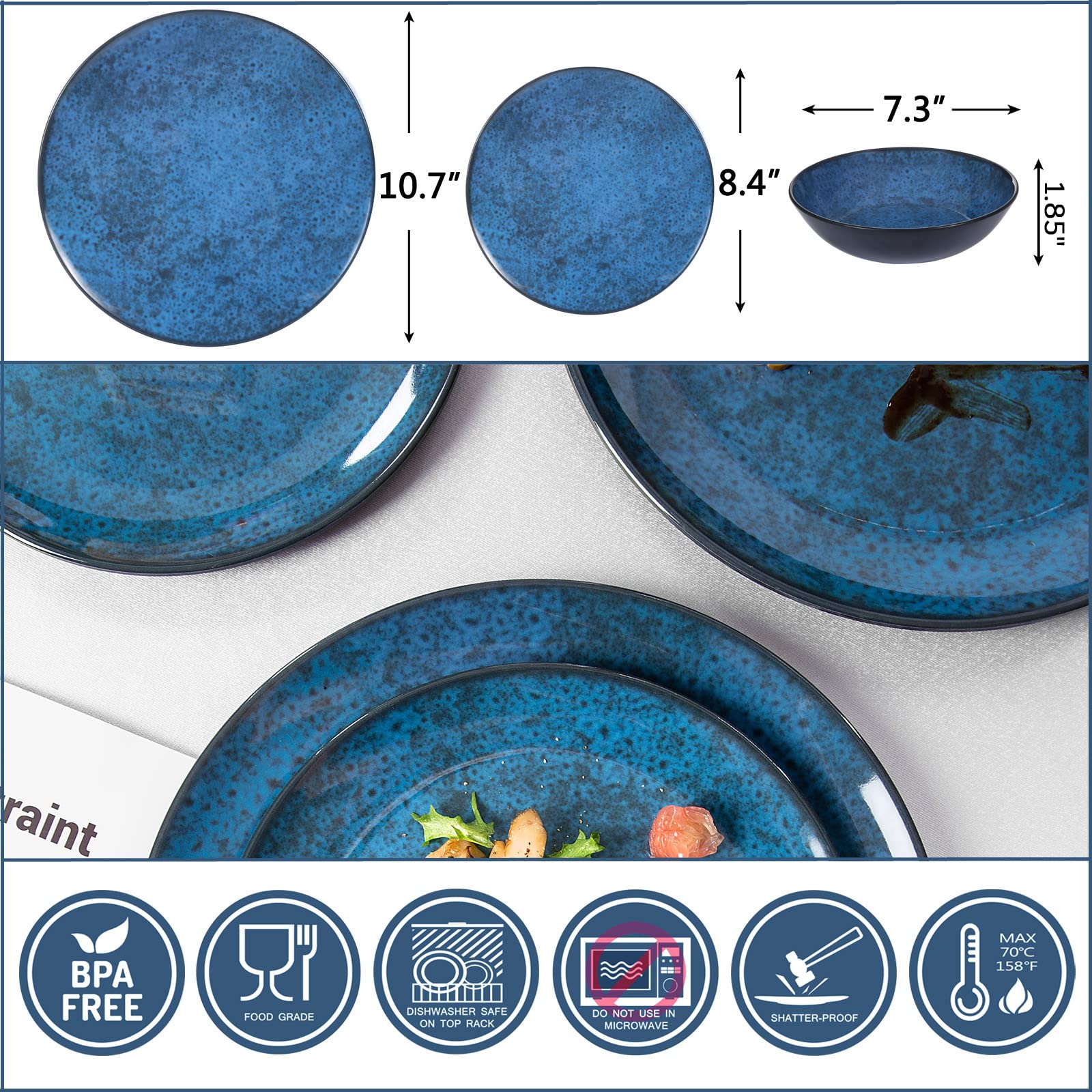 Gofunfun Melamine Dinnerware Sets for 4, Dinner Plates Bowls Set, Unbreakable Melamine Classic Blue Dinnerware, Dishwasher Safe