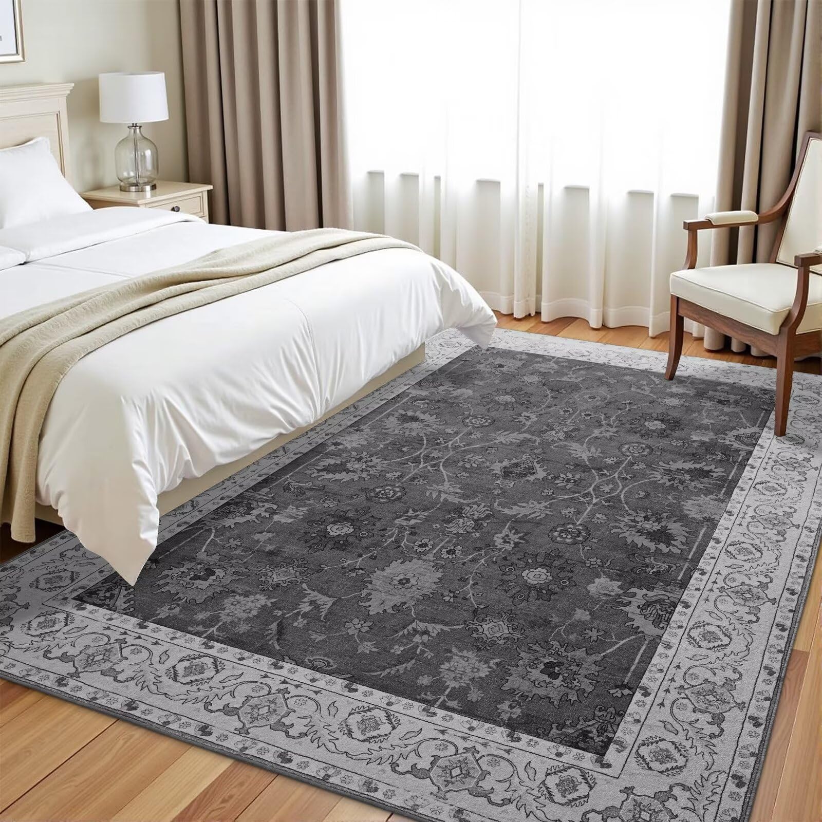 Vasofe 4x6 Rug for Bedroom, Washable Living Room Rugs for Dining Room, Black Indoor Floor Mat, Vintage Floral Mats for Home Deco