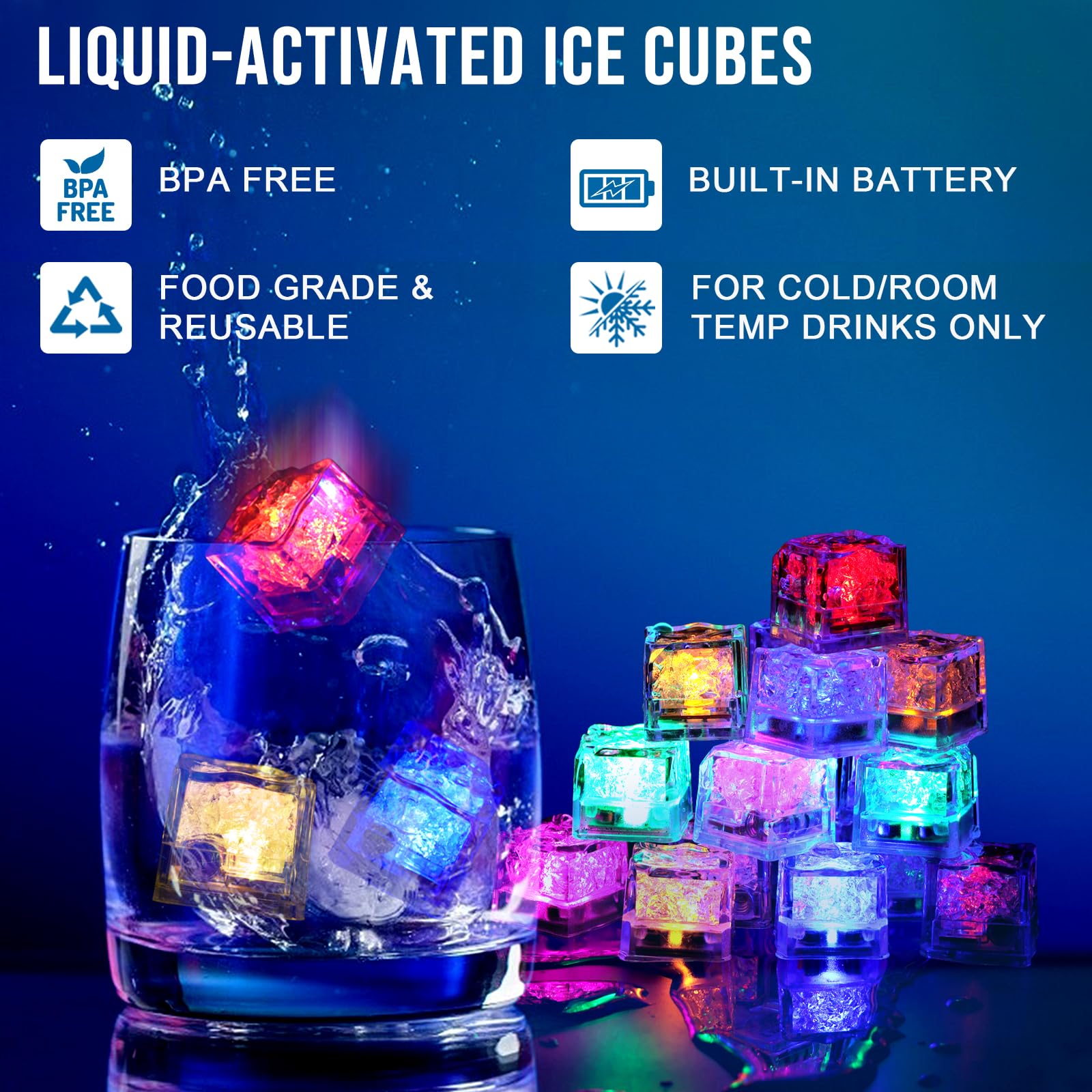 Light Up Ice Cubes, 24 Pack Multi Color Led Ice Cubes For Drinks Glow In The Dark Ice Cubes, Reusable Glowing Flashing Ice Cube