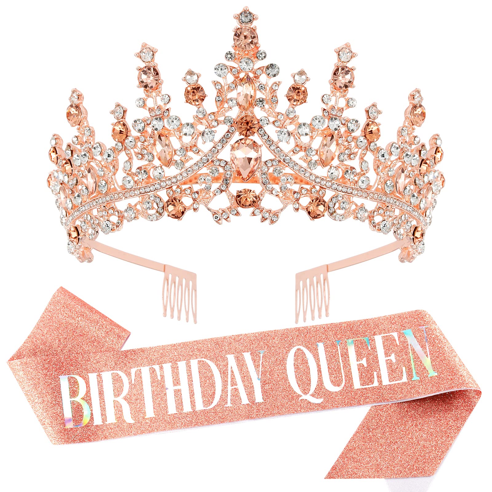 Birthday Sash And Tiara For Women Rose Gold Glitter Crystal Tiara & ''Birthday Queen'' Sash Set Birthday Crown And Sash For Girl