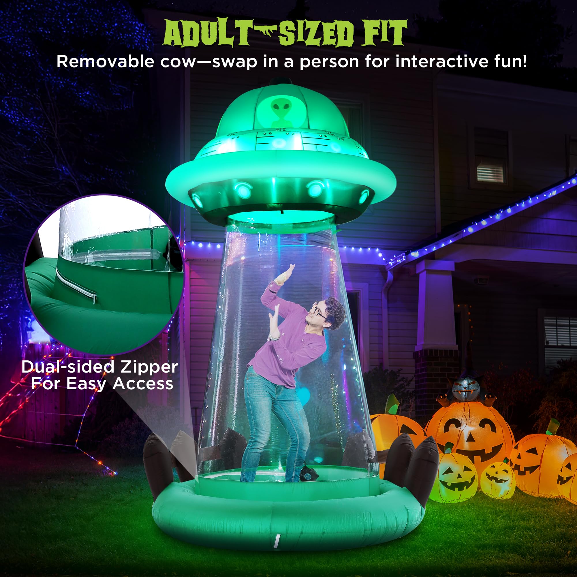 ZPISF 10 FT Halloween Inflatables UFO with Floating Cow Outdoor Decorations, Blow Up UFO Halloween Yard Decorations for Front La